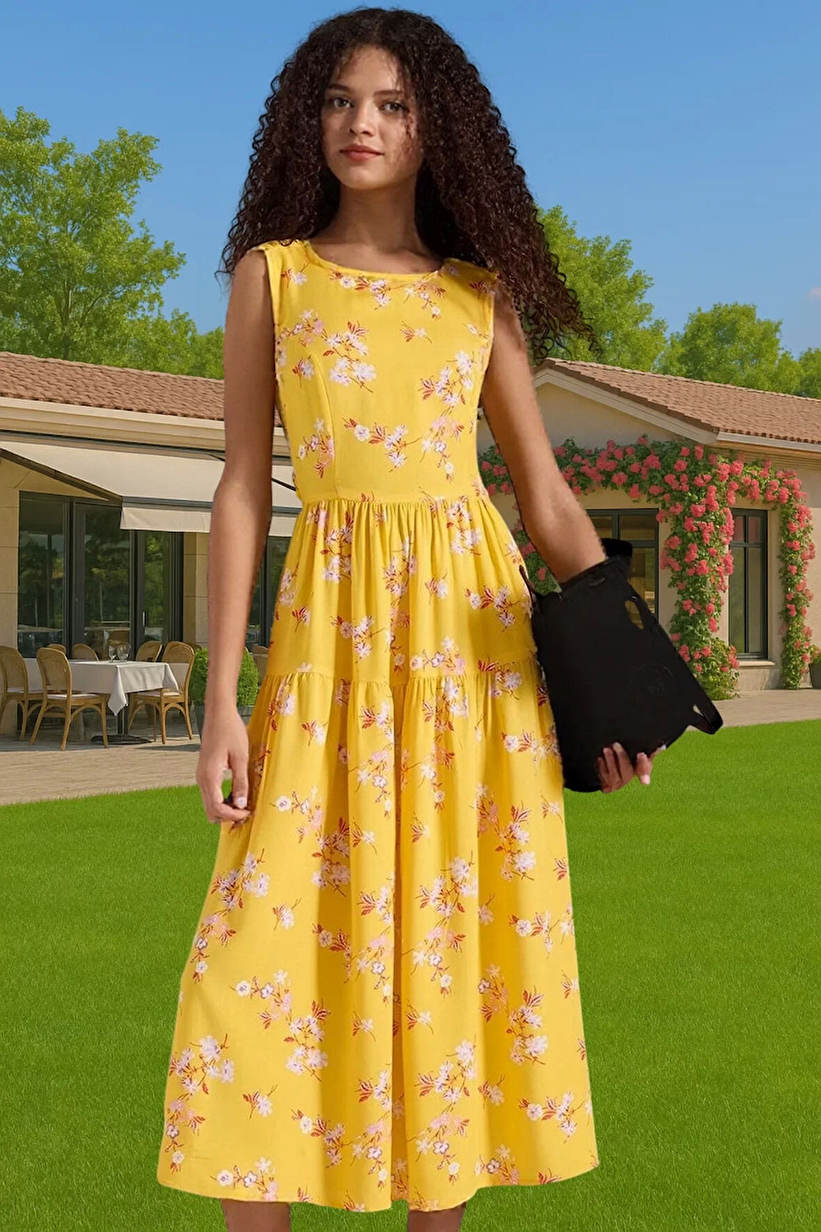 Yazlık Çiçekli Desenli Midi Skater Elbise Viskoz Kumaş Günlük Yüksek Kalite Özenle Seçilmiş