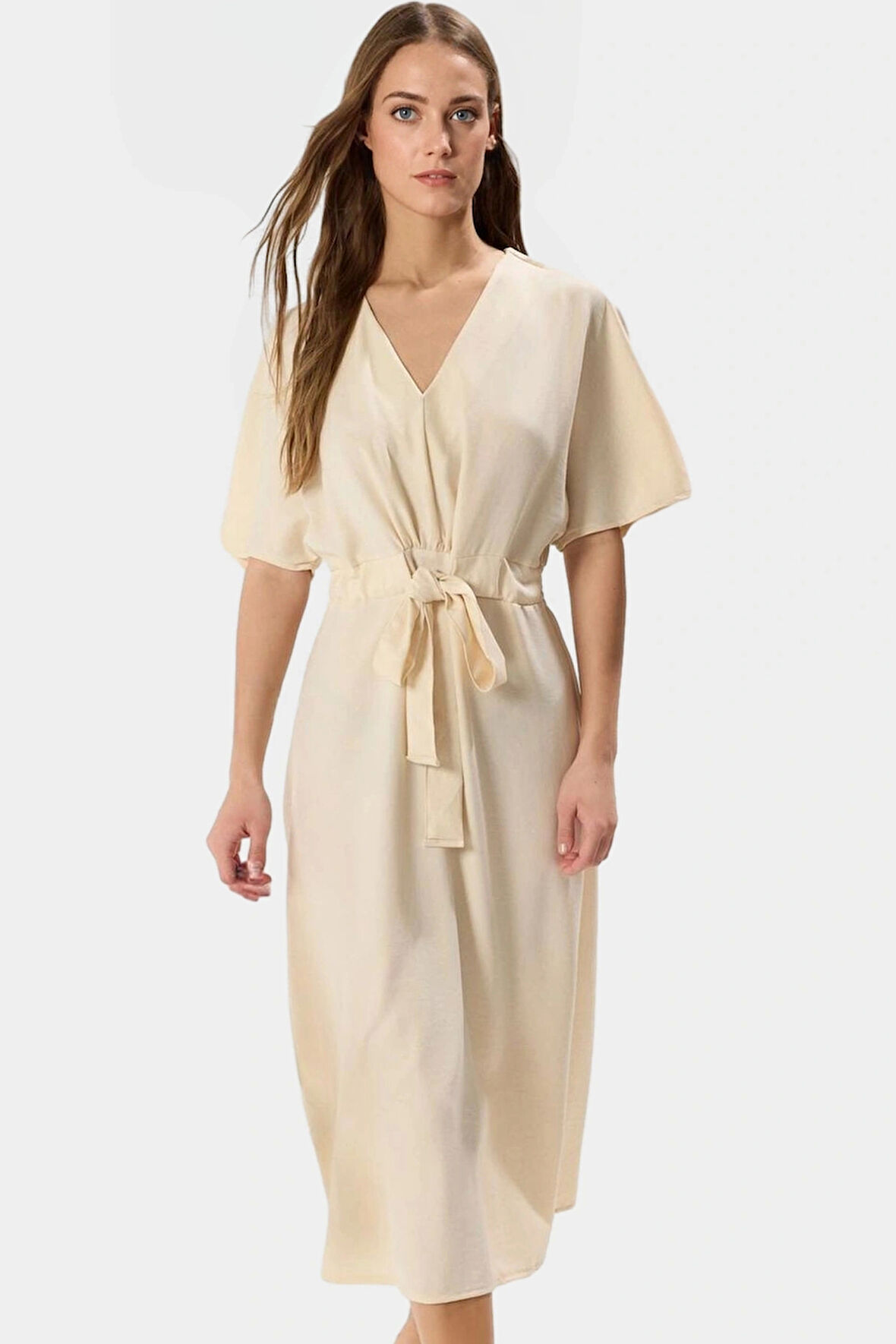 Kadın A Kesim Midi Elbise Keten Görünümlü Polyester Kuşaklı V Yaka Yüksek Kalite Zarifane Tasarım