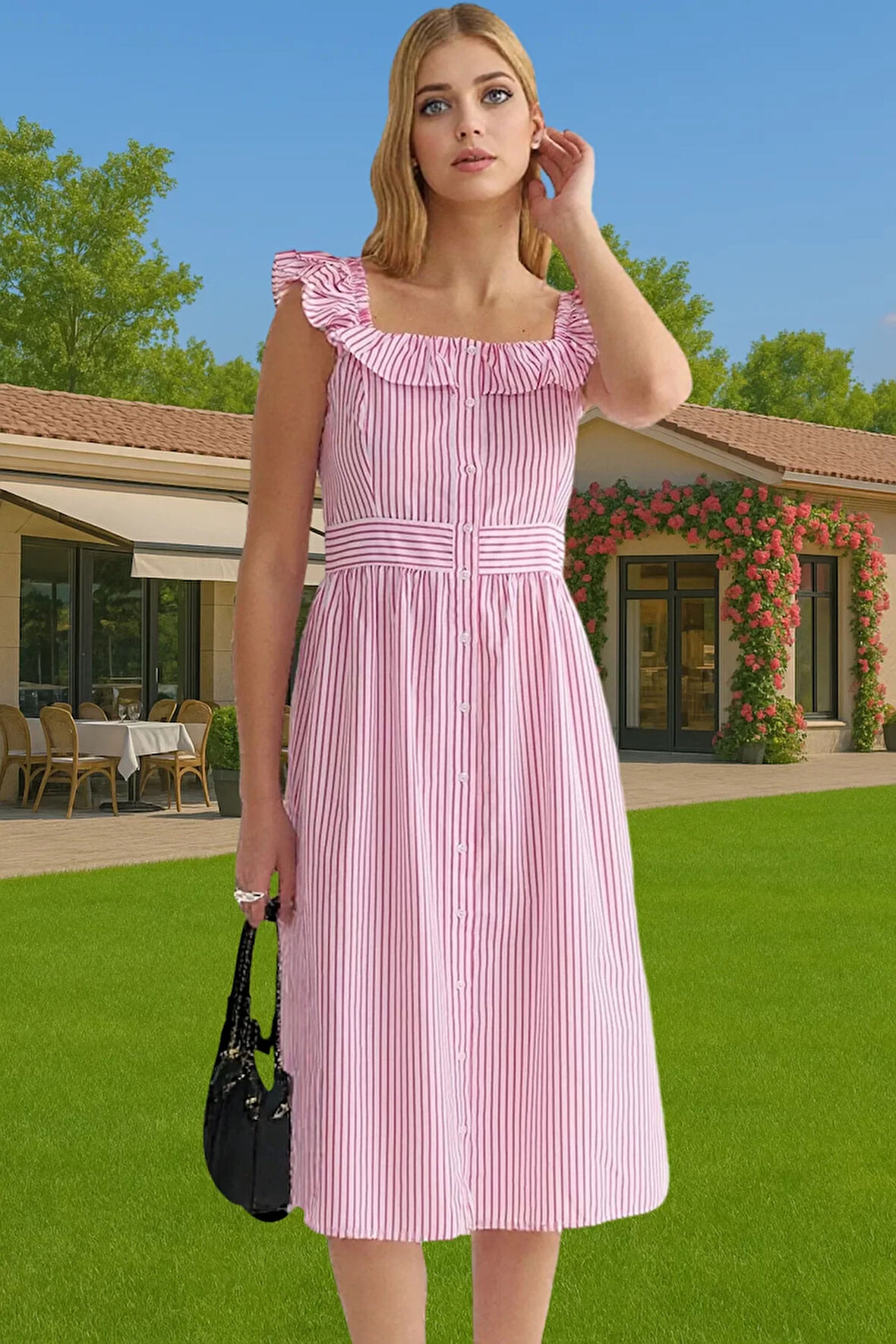 Yazlık Çizgili Midi Gömlek Elbise Pamuklu Polyester Günlük Stil Konforlu Kesim Şık Görünüm