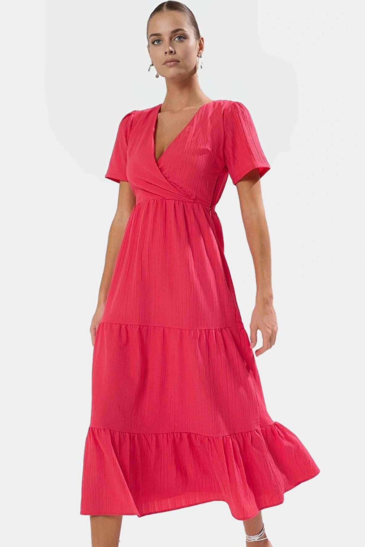 Maxi Dokuma Elbise V Yaka Skater Kalıp Günlük Yazlık Kıyafet Kaliteli İşçilik Modern Stil