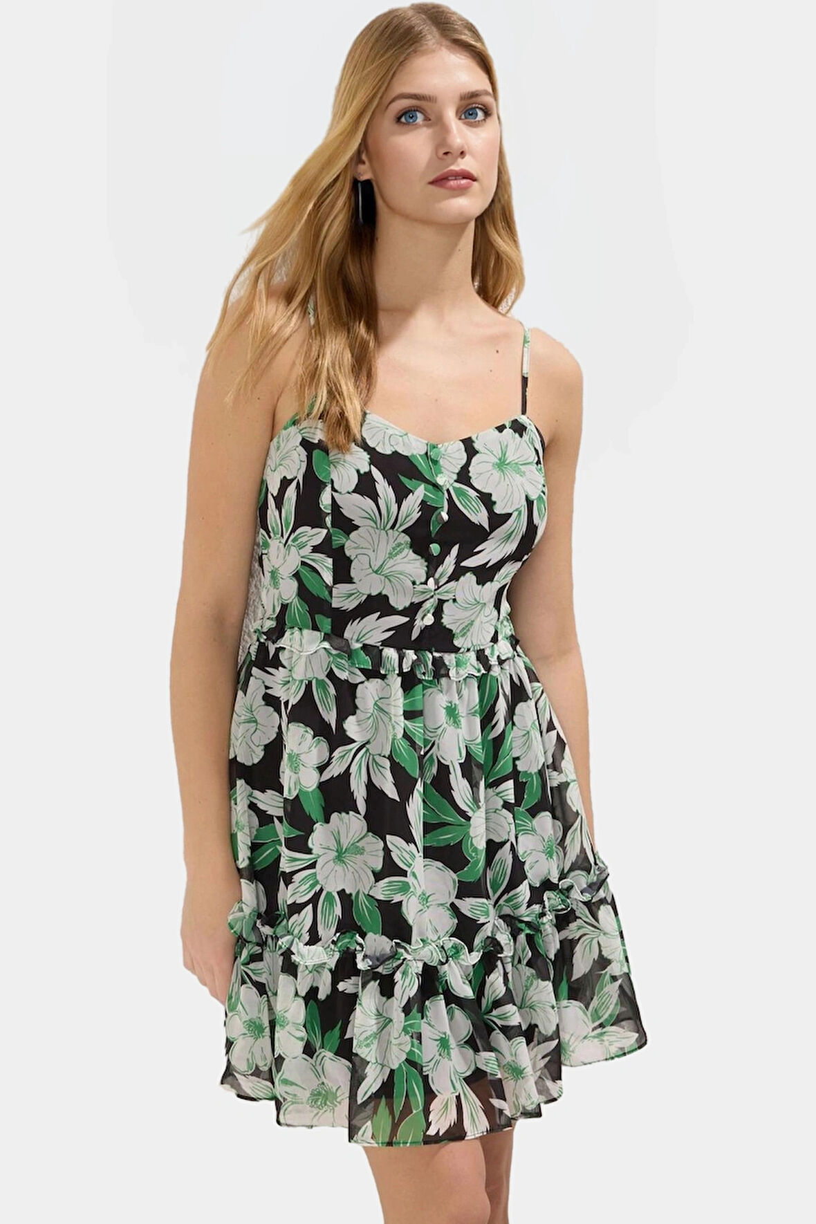 Yazlık Çiçekli Mini Şifon Elbise Astarlı Kalp Yaka Dokuma Dayanıklı Malzeme Modern Stil