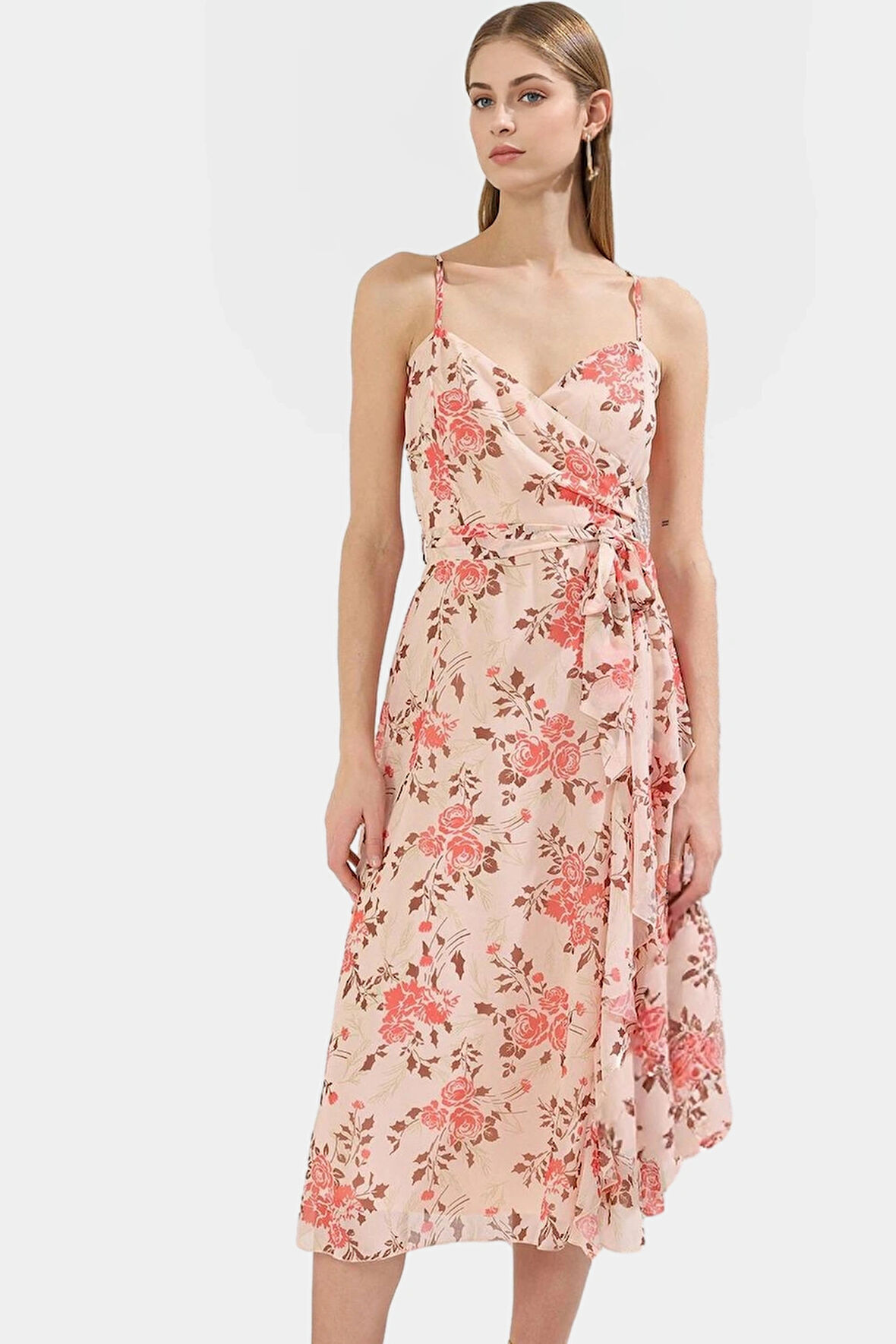 Şifon Astarlı Midi Elbise V Yaka A line Desenli Yazlık Özel Tasarım Trend Şık Görünüm