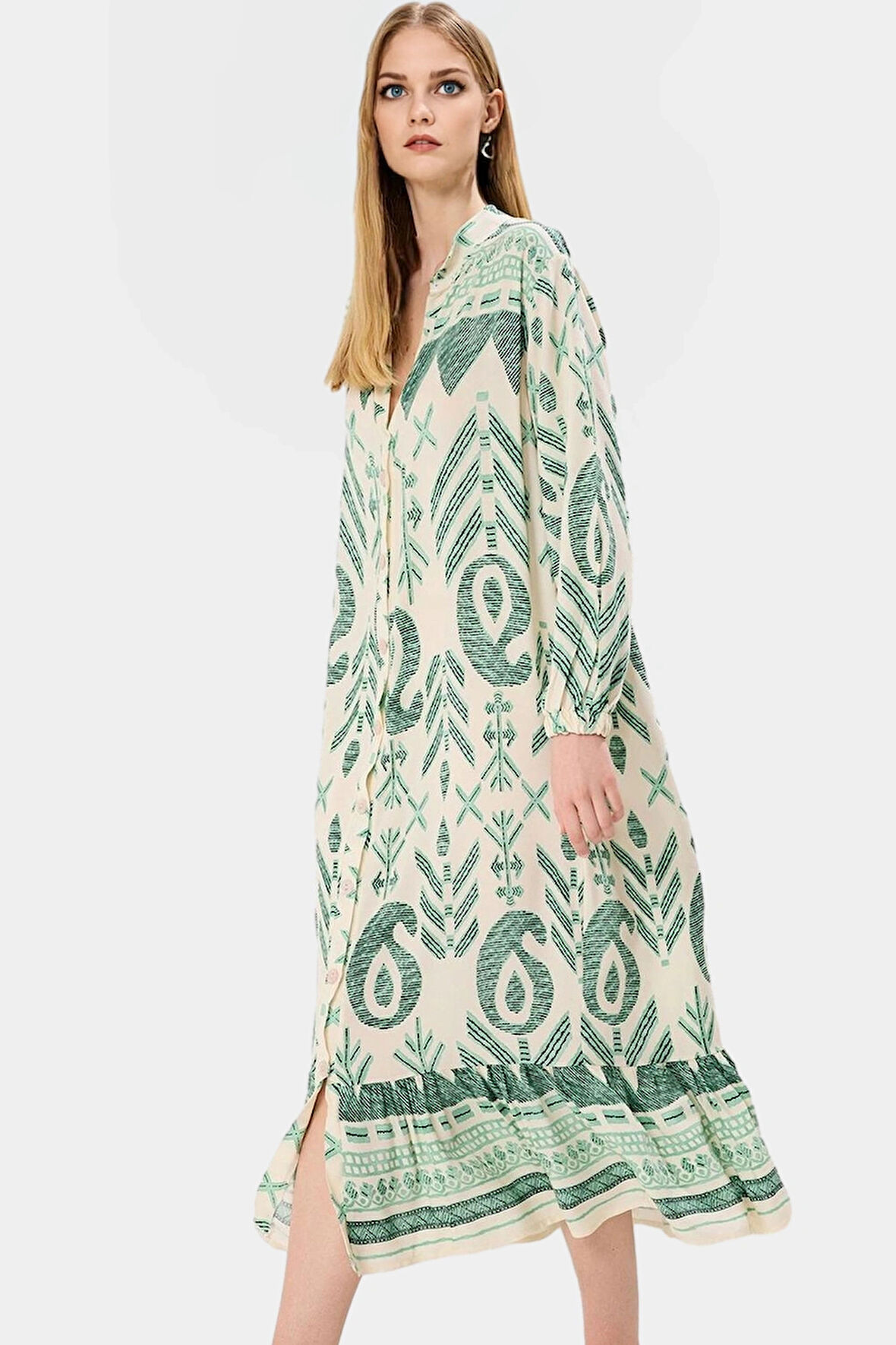 Yazlık Desenli Midi Elbise Shally Dokuma  Polyester Rahat Günlük Premium Kalite