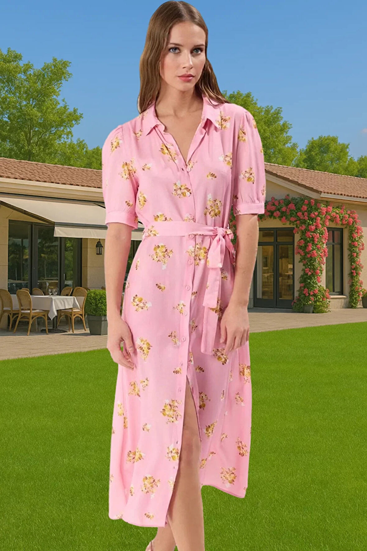 Kadın Midi Boy Gömlek Elbise Animal Desenli Viskoz Kumaş Günlük Stil Modern Stil