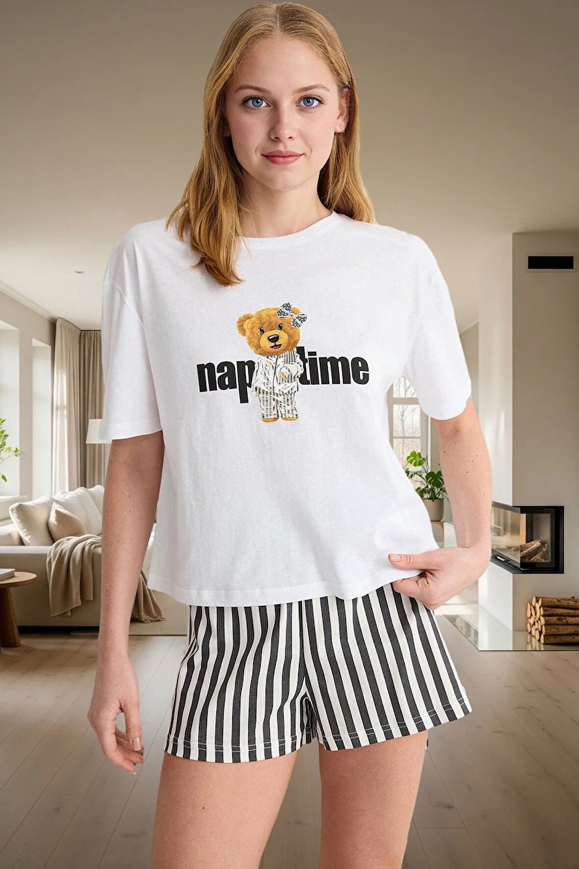 Kadın Yazlık Kısa Kollu Pamuklu Pijama Takımı Regular Kalıp Çizgili Desen Özel Tasarım Mükemmel Uyum