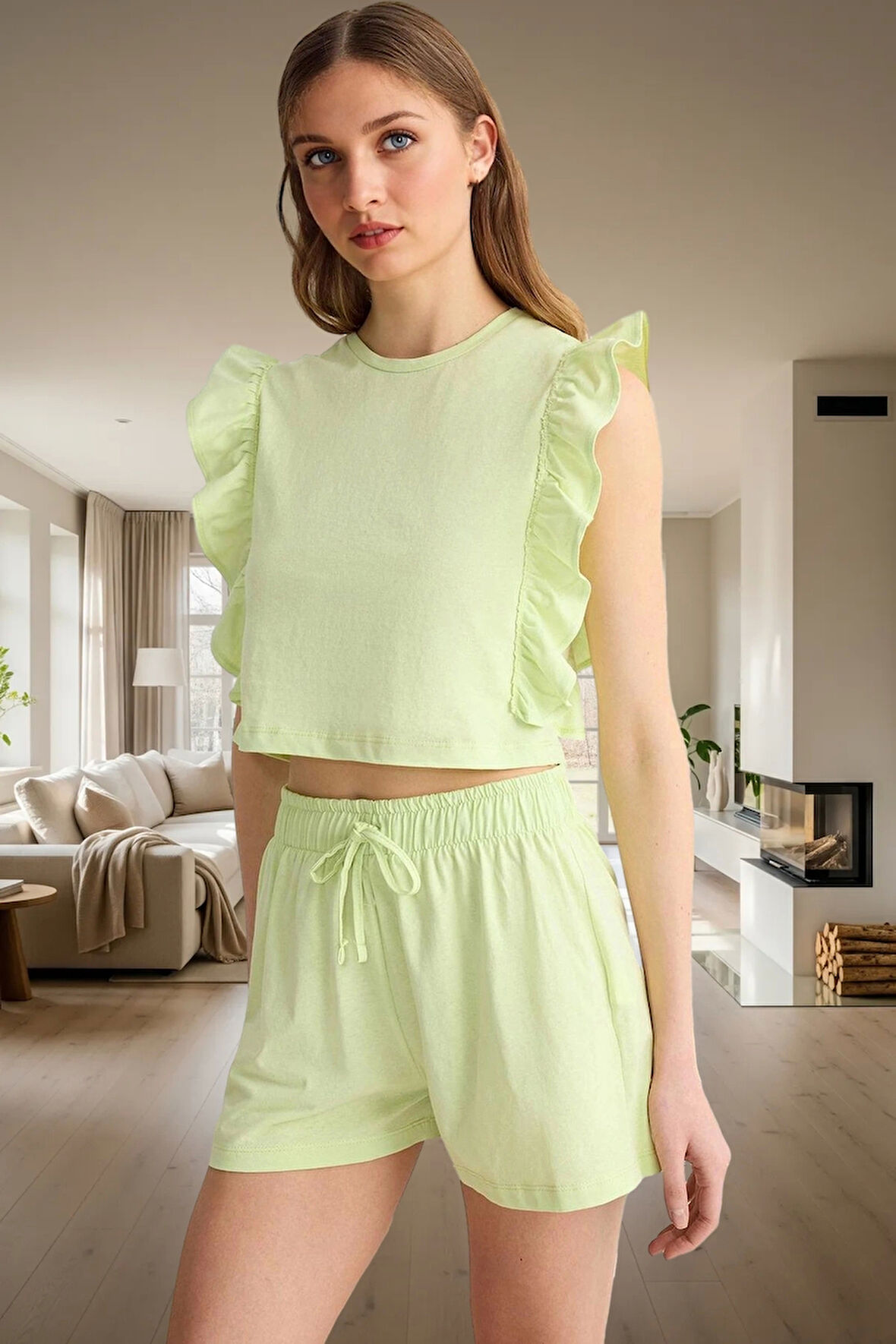 Kadın Yazlık Pamuklu Pijama Takımı Fırfırlı Detaylar Trend Tasarım Özenle Seçilmiş