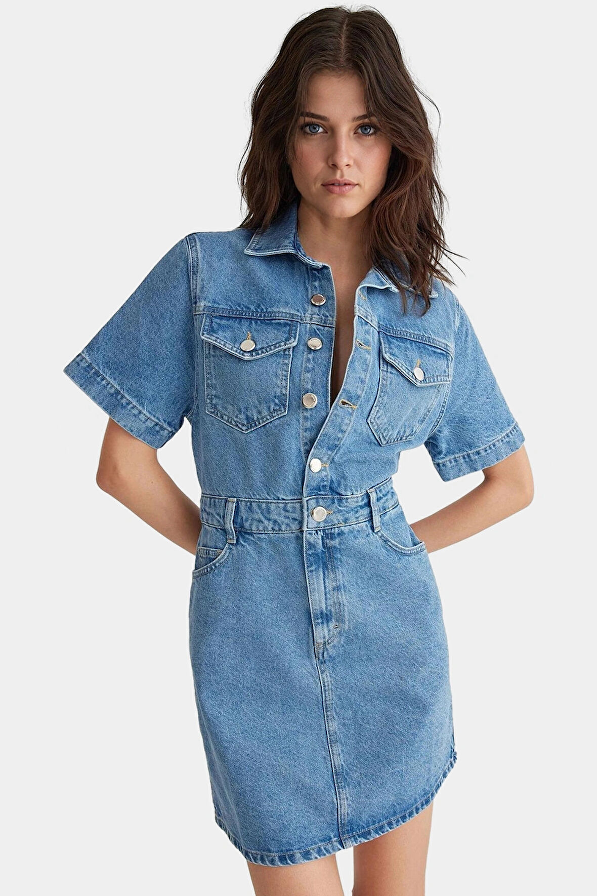 Denim Gömlek Elbise Kısa Kollu Midi Boy Pamuk Casual Mükemmel Uyum Konforlu Kesim Seçkin Malzeme