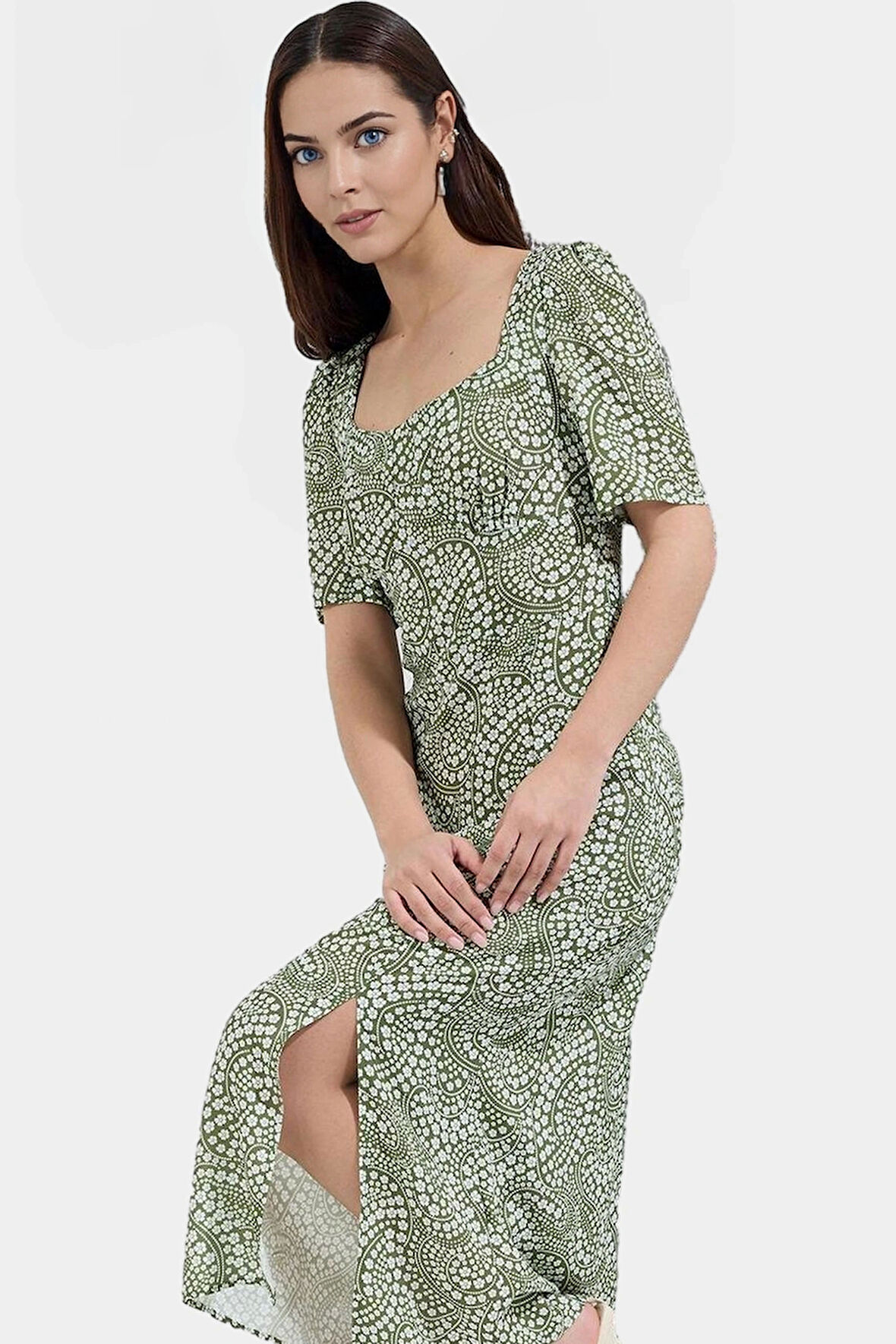 Şık Puantiyeli Midi Elbise Viskoz Kumaş A Line Günlük Seçkin Malzeme Özel Tasarım Uzun Ömürlü