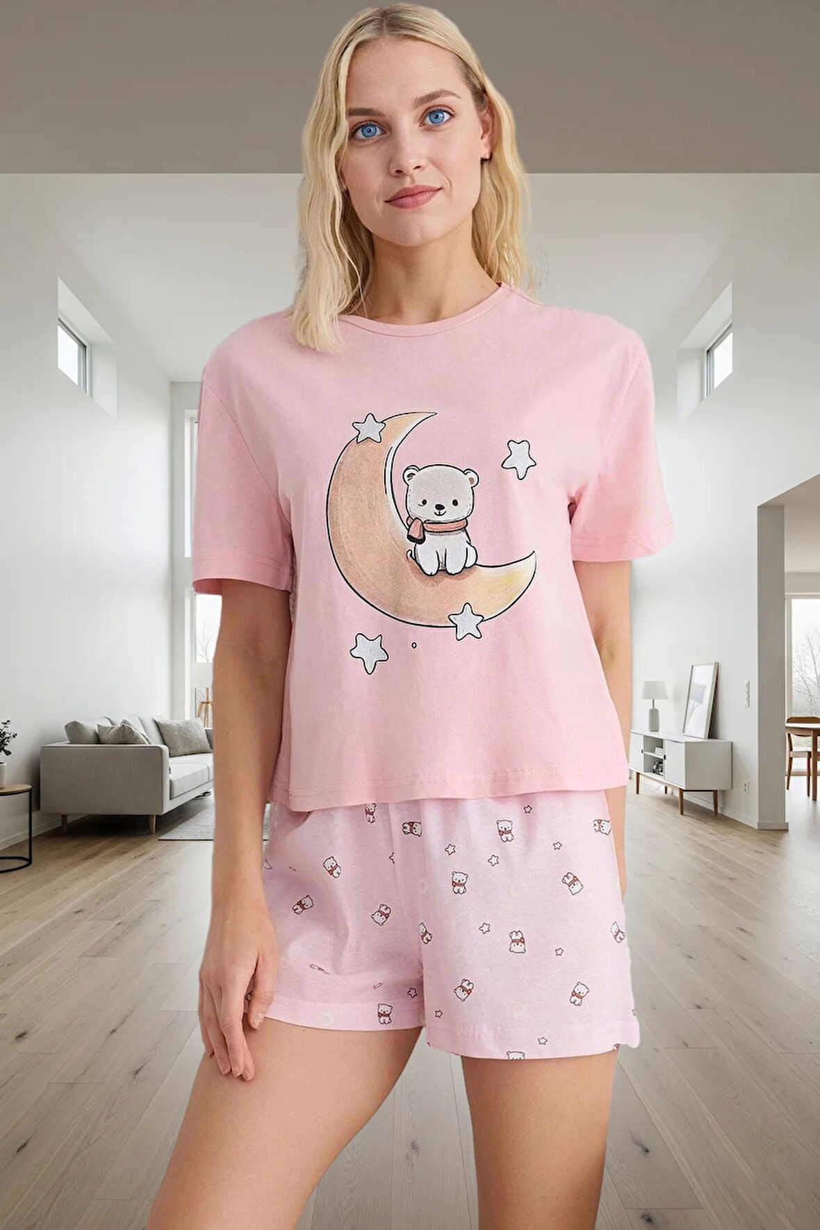 Kadın Ayıcıklı Desenli Pamuklu Kısa Kollu Pijama Takımı Trend Tasarım Rahat Kullanım Modern Stil