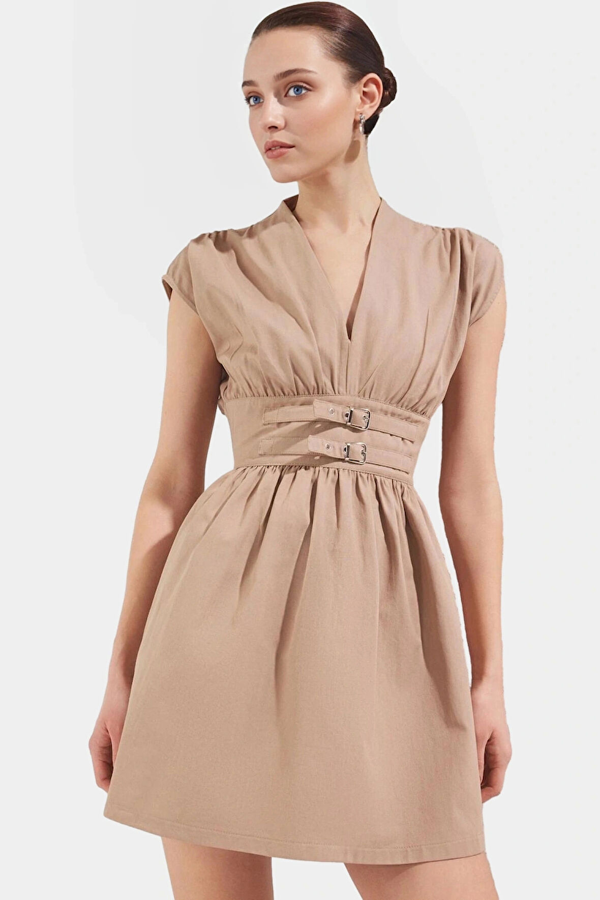 Yazlık Kemerli Mini Elbise Pamuklu Gabardin Kumaş A Kesim Günlük Şık Yüksek Kalite Görünüm