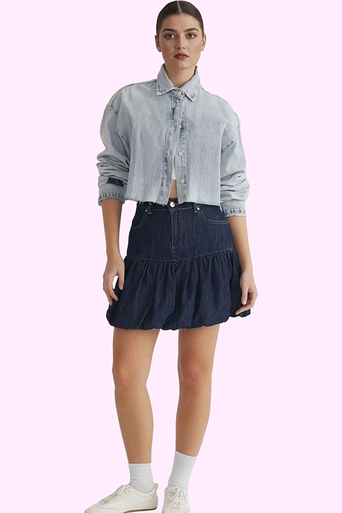 Kadın Balon Denim Mini Etek Pamuk Yaz Aylarının Vazgeçilmezi Günlük Kullanım Modern Tasarım