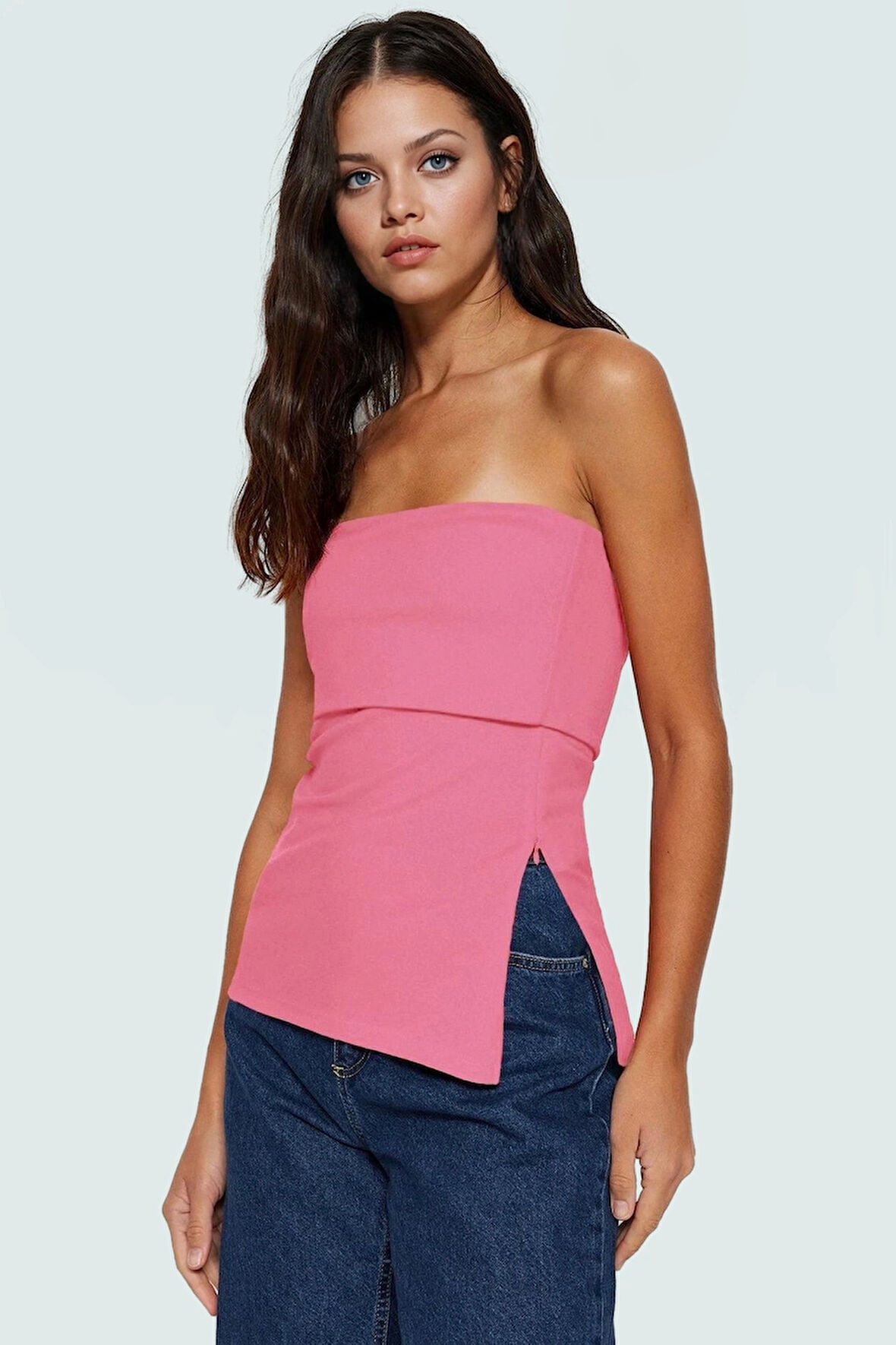 Straplez Yandan Fermuarlı Krep Örme Bluz Modern Stil Trend Tasarım Yüksek Kalite