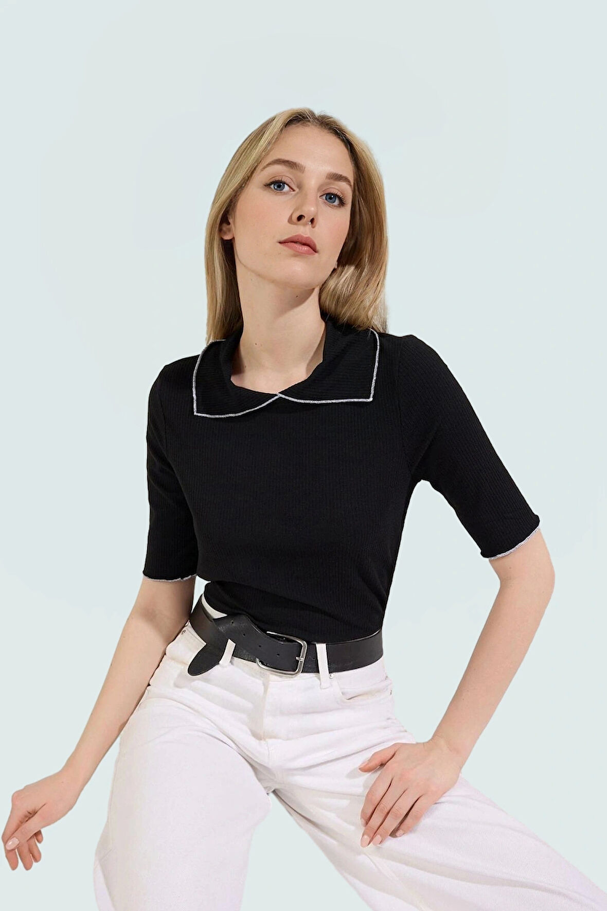 Polo Yaka Fitted Örme Bluz Rahat Yazlık Günlük Zarifane Tasarım Ve Şık