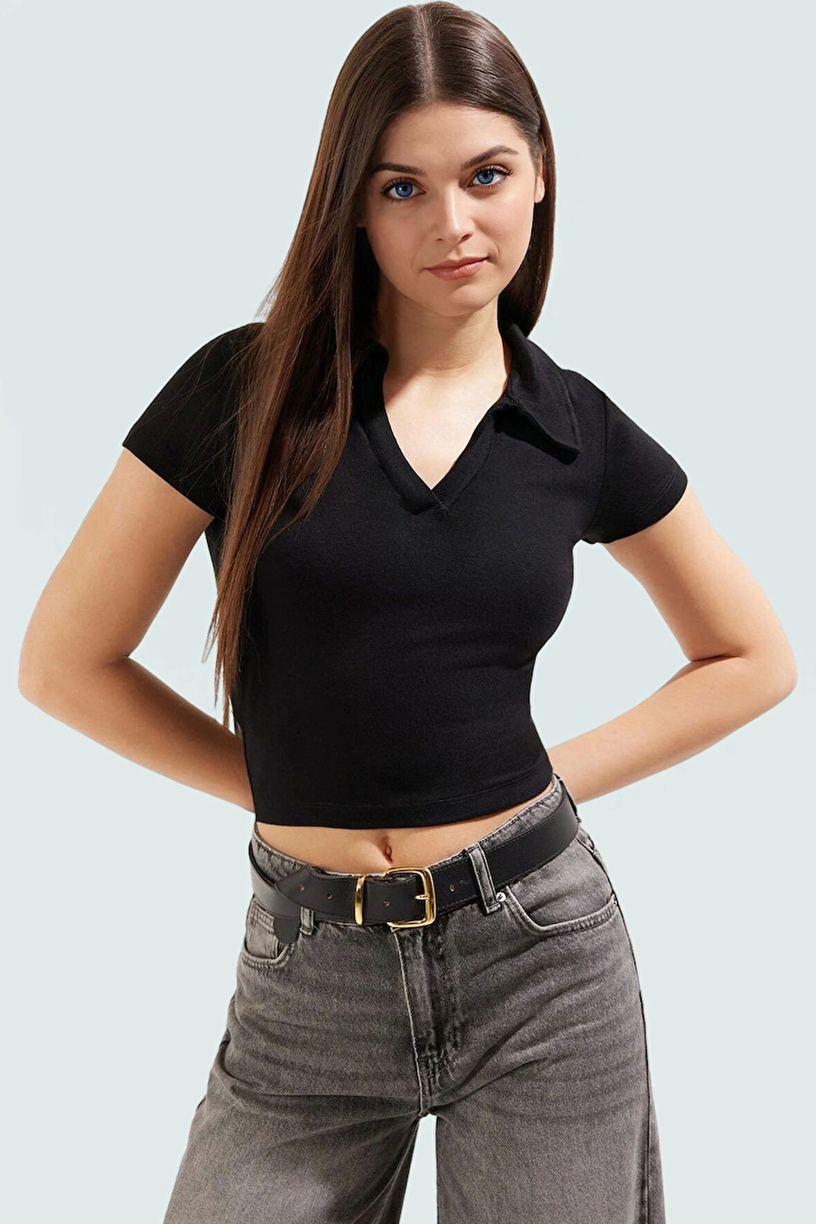 Kısa Kollu Fitted Polo Yaka Viskoz Örme Bluz Uzun Ömürlü Rahat Kullanım Dayanıklı Malzeme