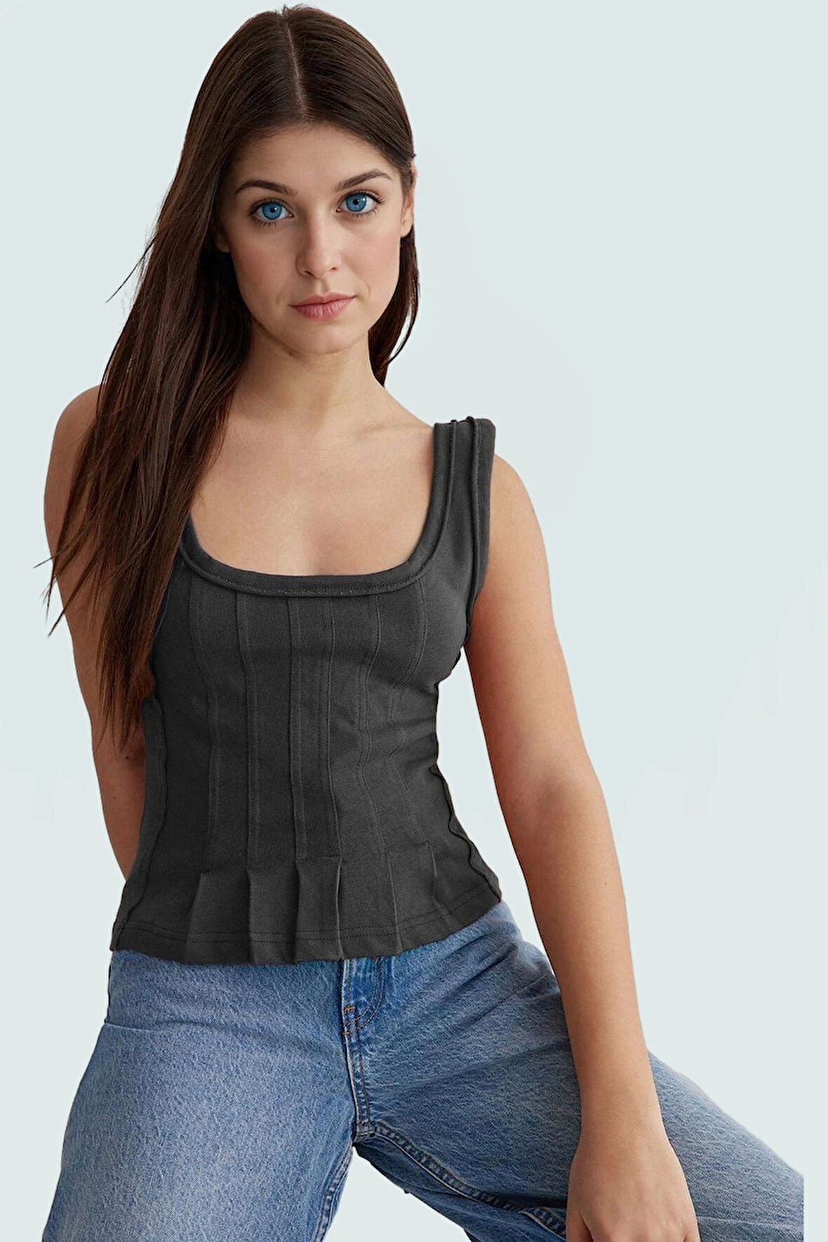 Pamuklu Kaşkorse Örme Bluz Fitted Kalıp Havuz Yaka Yazlık Günlük Yüksek Kalite