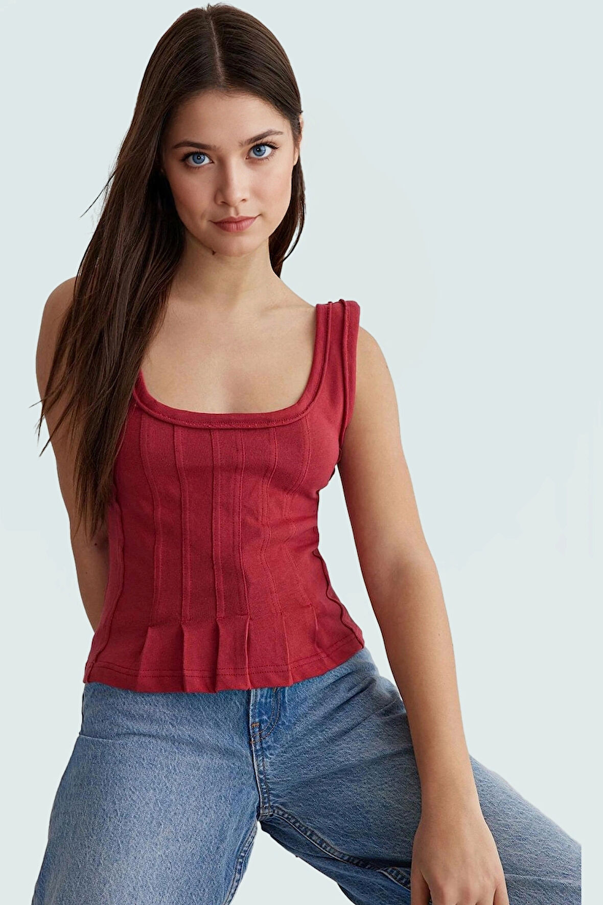 Pamuklu Kaşkorse Örme Bluz Fitted Kalıp Havuz Yaka Yazlık Günlük Yüksek Kalite