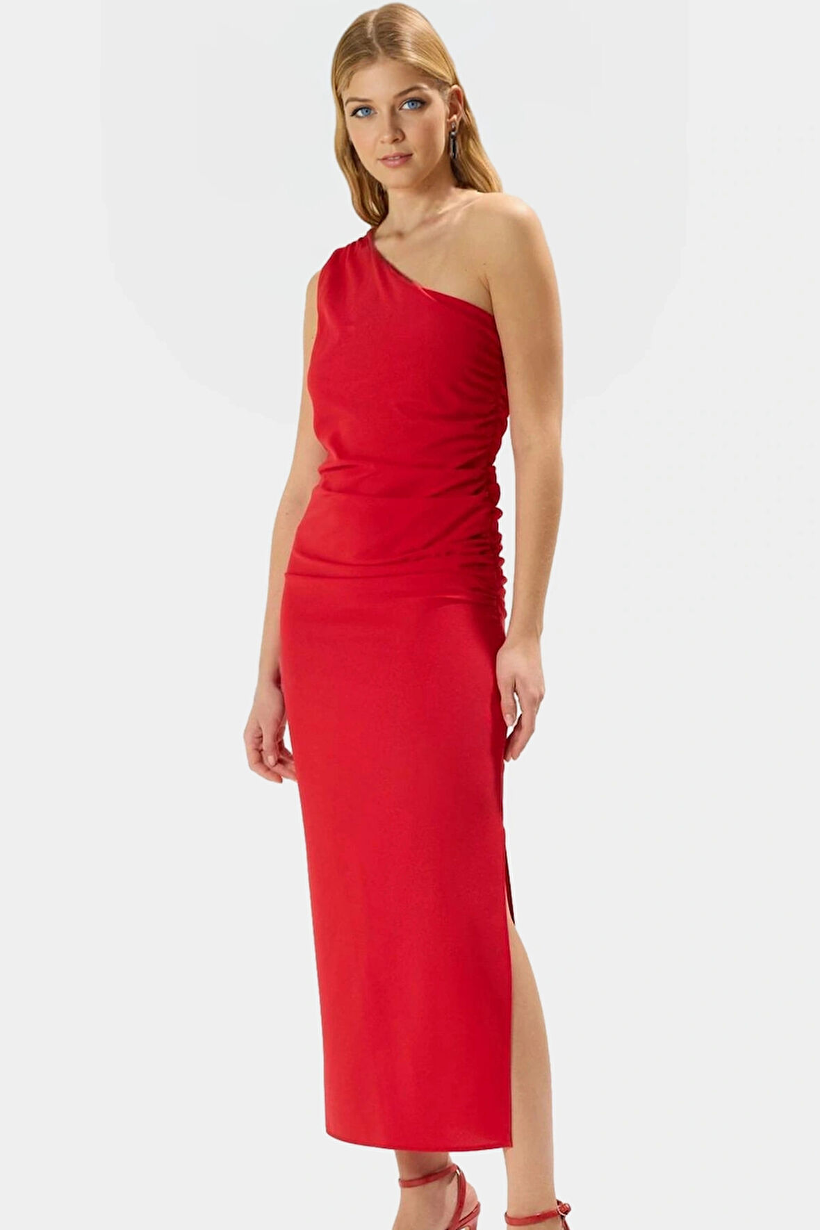 Tek Omuz Midi Boy Bodycon Soft Krep Polyester Elbise Dayanıklı Malzeme Rahat Kullanım