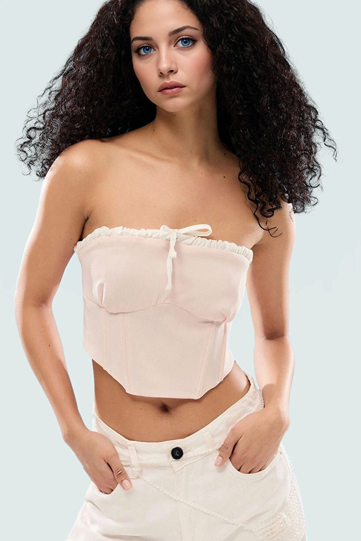 Straplez Crop Bluz Bağlama Detayli Dokuma Polyester Yazlık Kaliteli İşçilik Dayanıklı Malzeme