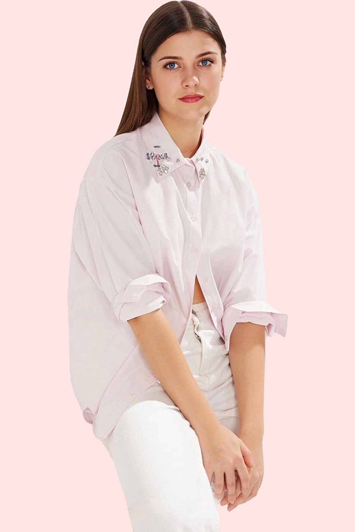 Kadın Oversize Dokuma Gömlek Taş Detaylı Yaka Uzun Kollu Günlük Yaz Aylarının Vazgeçilmezi