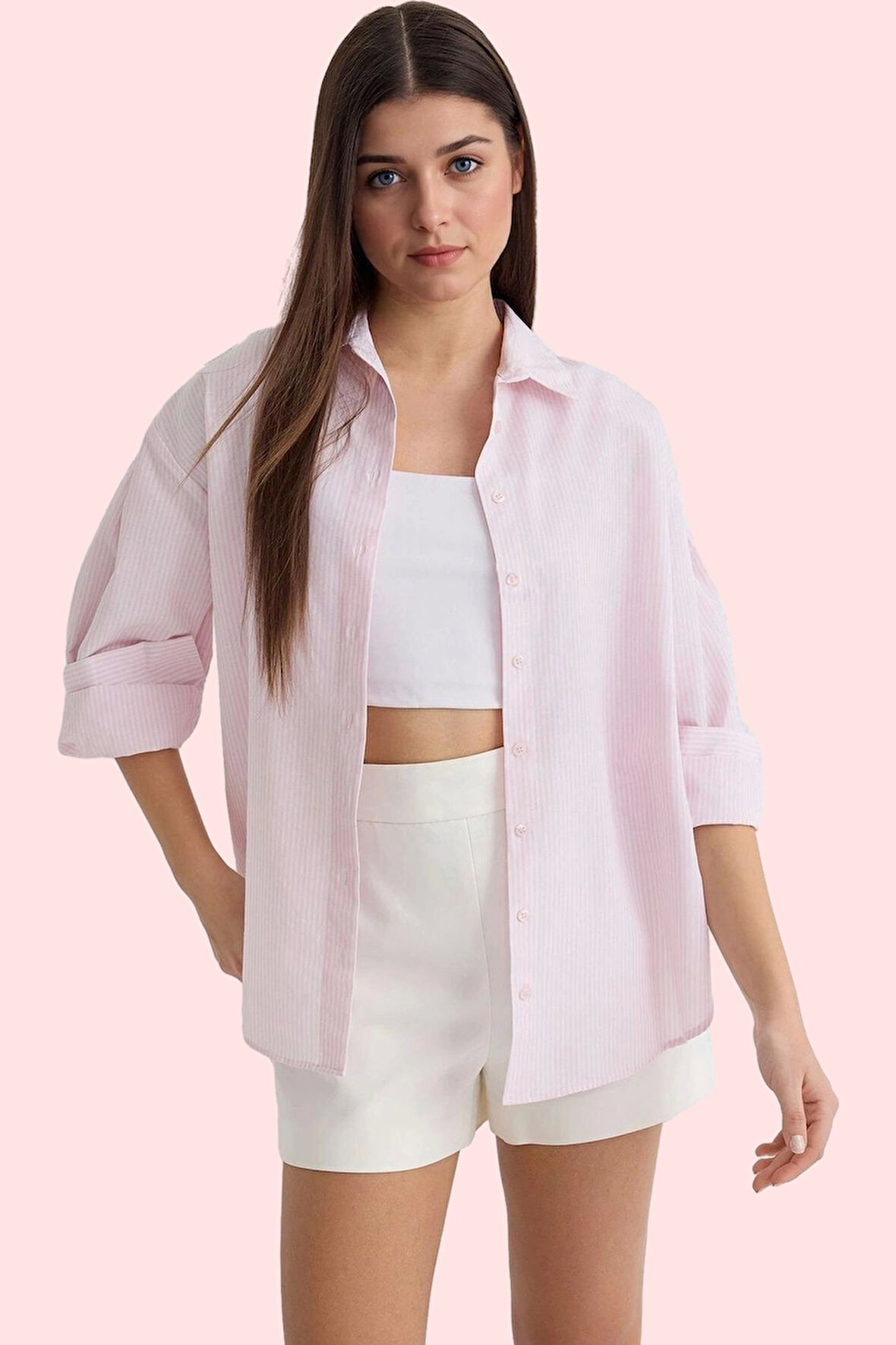 Kadın Oversize Çizgili Dokuma Gömlek Pamuklu Günlük Kombinler İçin Yaz Aylarının Vazgeçilmezi