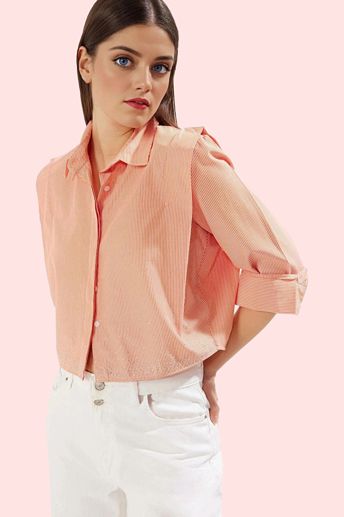 Kadın Crop Gömlek Yaka Düz Desenli Dokuma Terrycotton Kumaş Günlük Kullanım Modern Tasarım