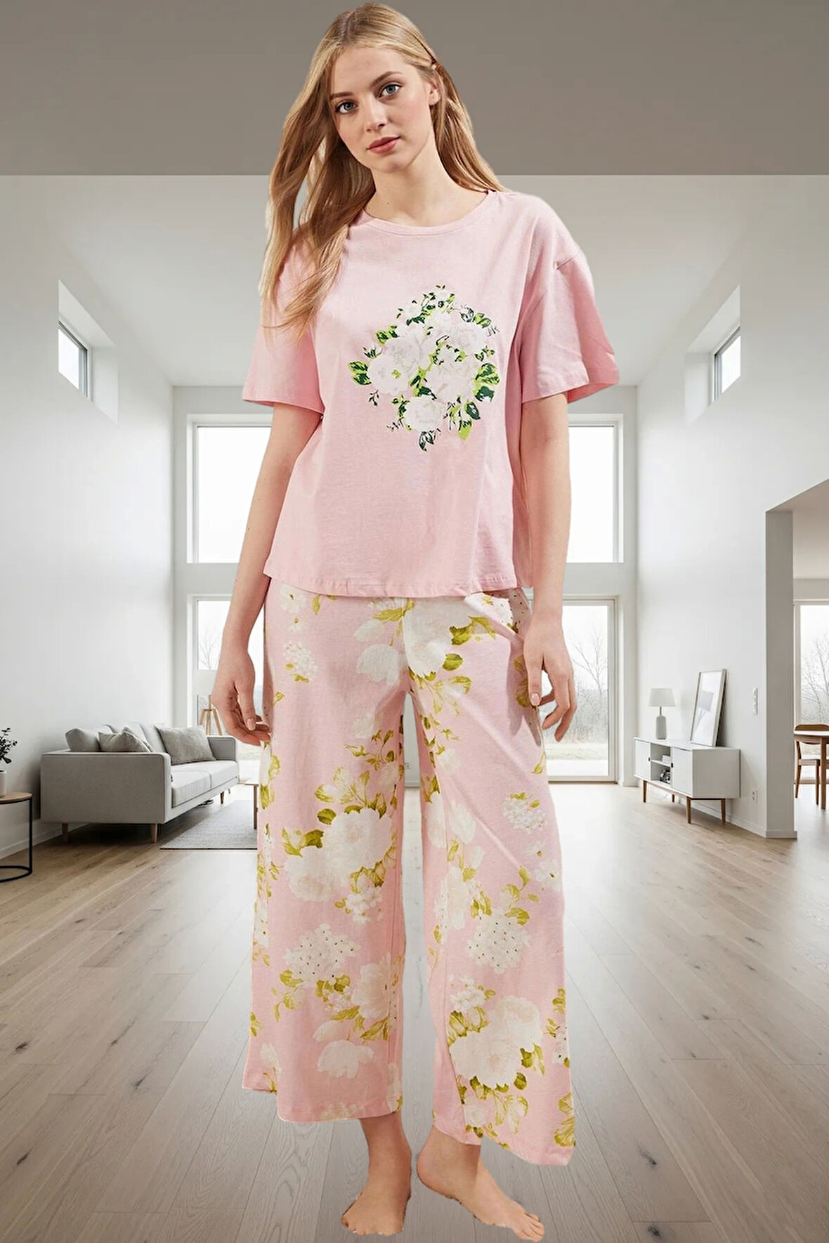 Kadın Pamuklu Çiçekli Pijama Takımı Rahat Ev Giyim Seti Özenle Seçilmiş Modern Stil
