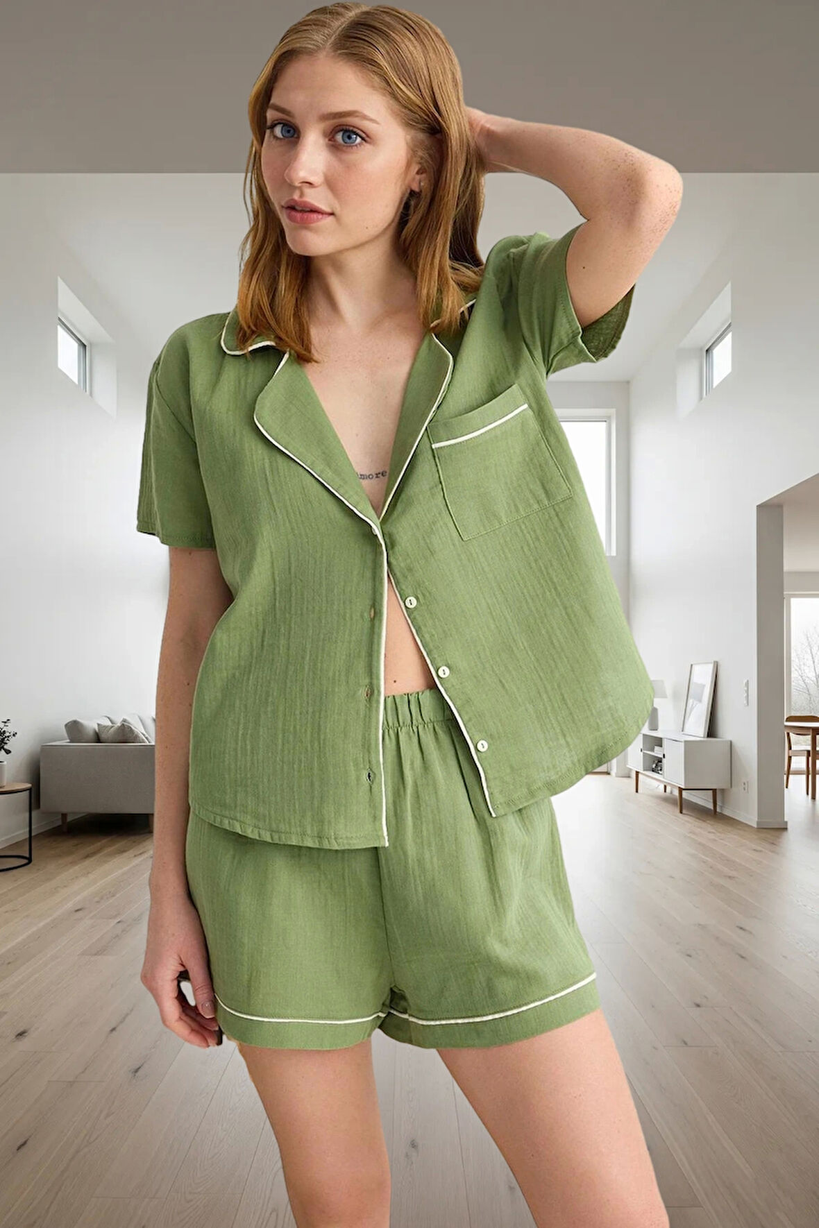 Kadın %100 Pamuklu Müslin Pijama Takımı Regular Kalıp Şortlu Rahat Tasarım Zarif