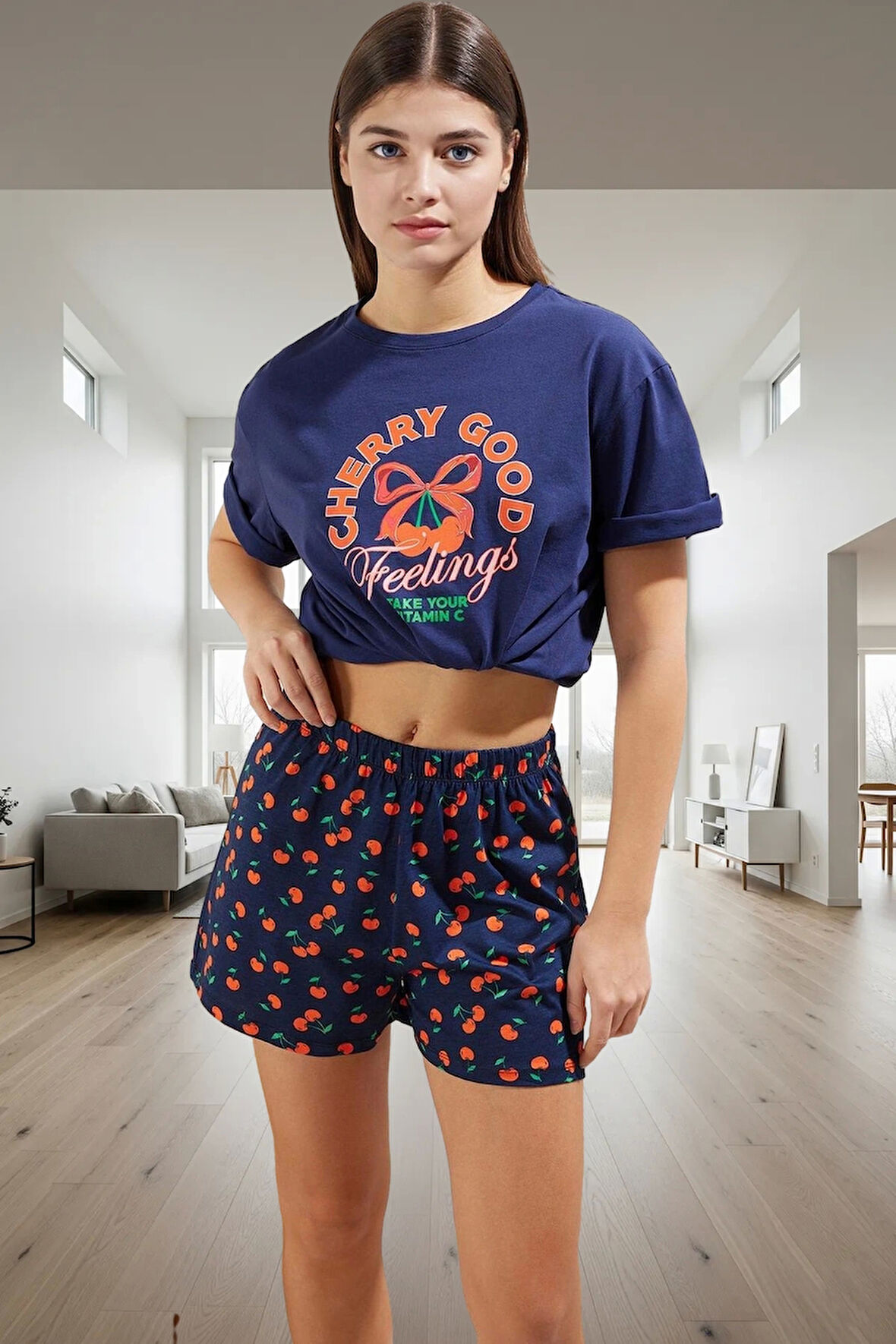 Kadın Kısa Kollu Bisiklet Yaka Pamuklu Pijama Takımı Yazlık Regular Kalıp Dayanıklı Malzeme