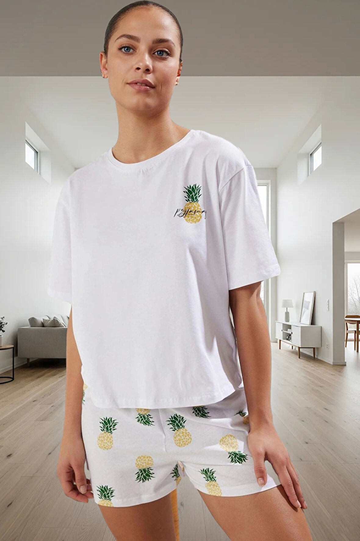 Kadın Yazlık Kısa Kollu Pamuklu Pijama Takımı Ananas Desenli Rahat Yüksek Kalite