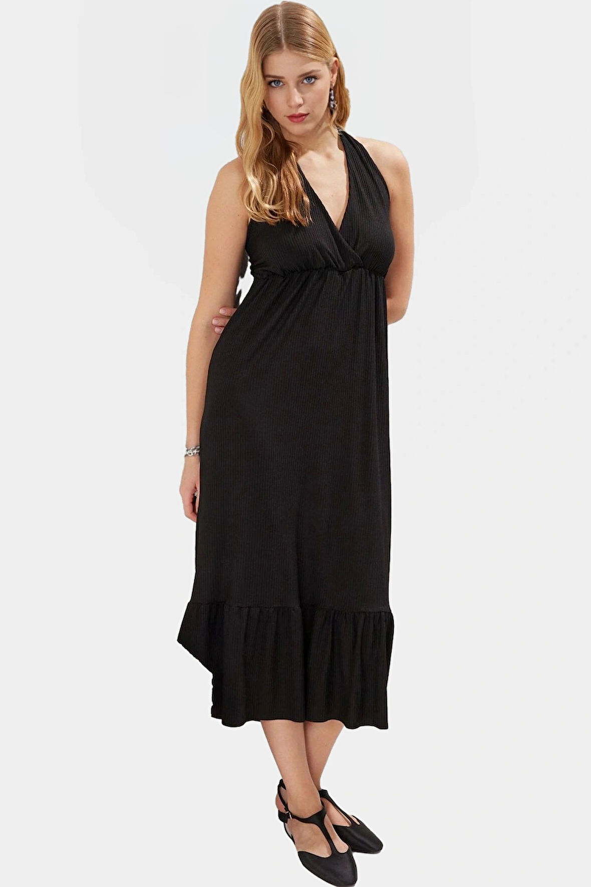 Maxi Örme Elbise V Yaka Desenli Rahat Günlük Yazlık Ve Şık Kullanım Zarifane Tasarım