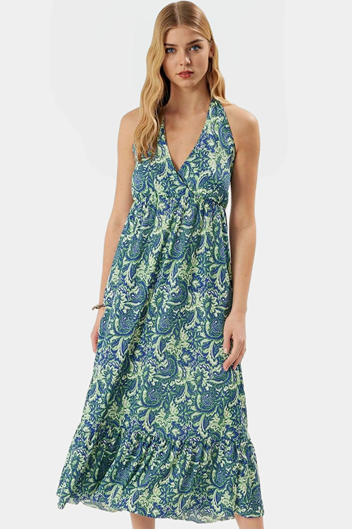 Maxi Örme Elbise V Yaka Desenli Rahat Günlük Yazlık Ve Şık Kullanım Zarifane Tasarım