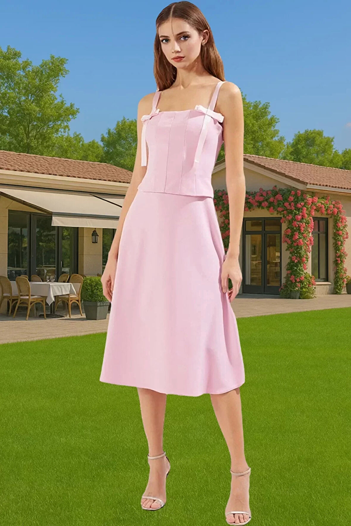 Kadın A Kesim Fiyonk Detaylı Midi Elbise Dokuma Yazlık Mezuniyet Modern Stil Rahat Ve Şık