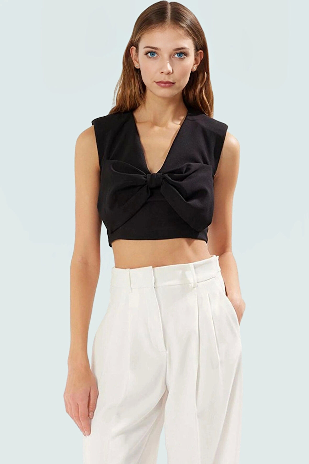 Fiyonklu Crop Bluz Kadın Yazlık Dokuma Basic Rahat Kullanım Şık Görünüm Özel Tasarım