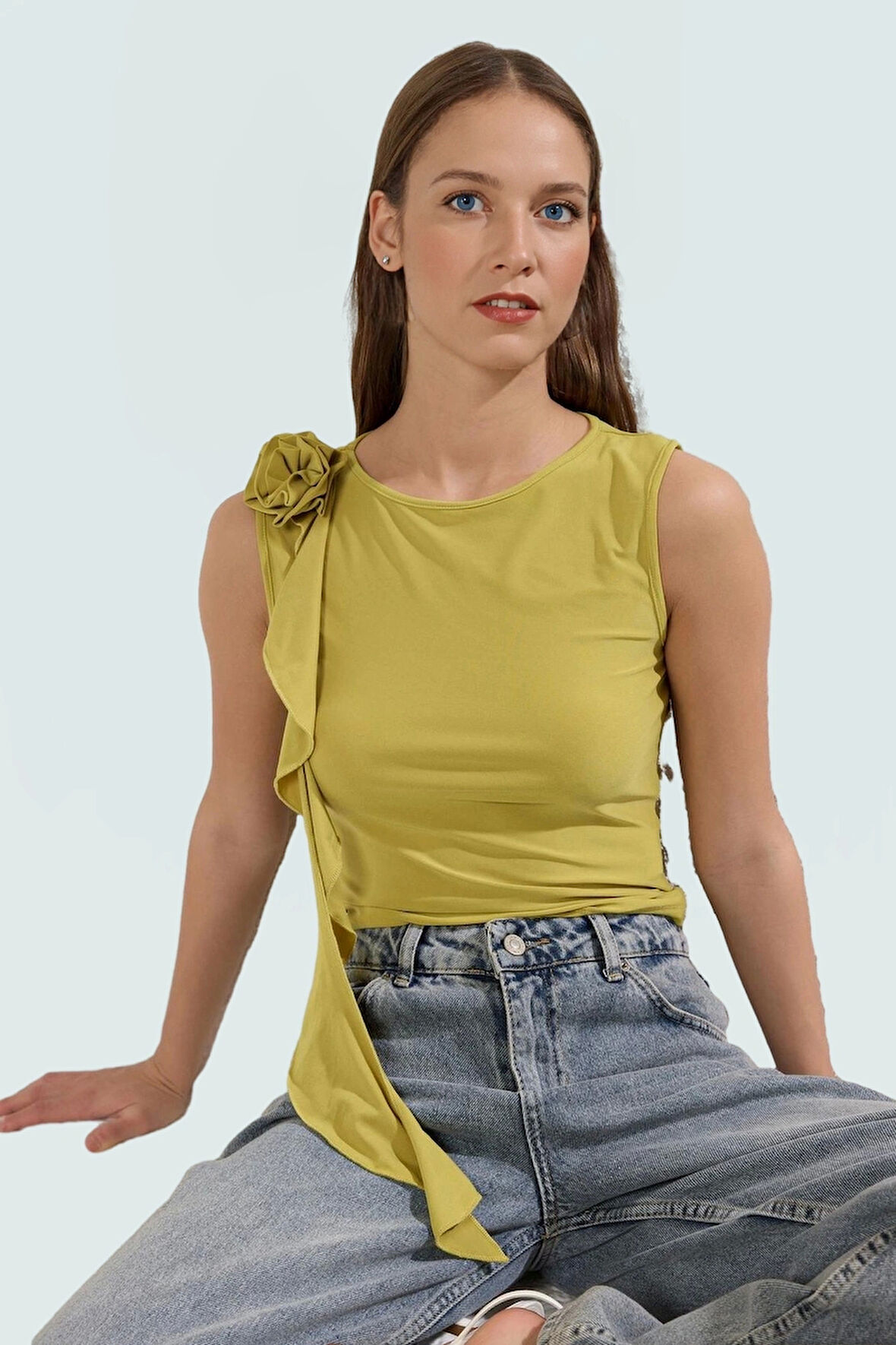 Kadın Bisiklet Yaka Fırfırlı Örme Bluz Günlük Şık Tarz Rahat Ve Mükemmel Uyum