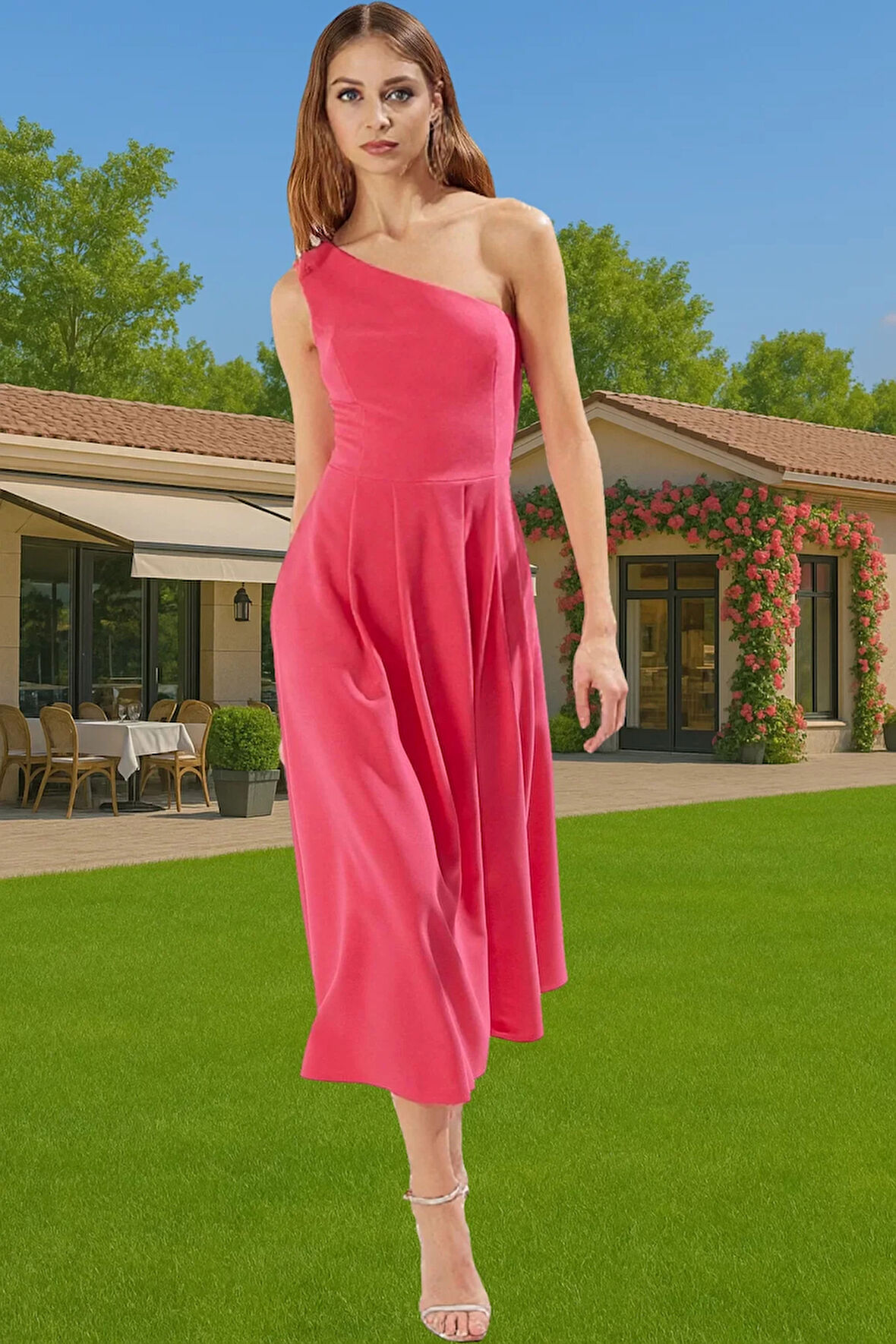 Tek Omuz A Kesim Midi Dokuma Abiye Elbise Konforlu Kesim Kaliteli İşçilik Zarifane Tasarım