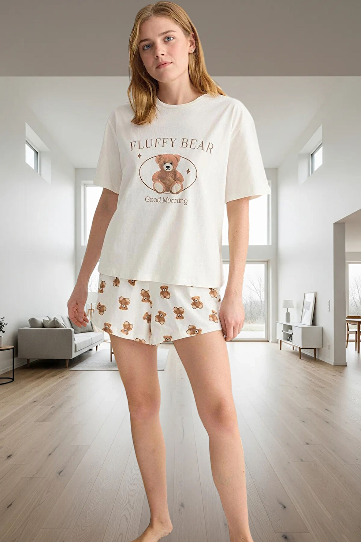 Kadın Ayıcıklı Baskılı Pamuklu Kısa Kollu Pijama Takımı Trend Tasarım Özenle Seçilmiş