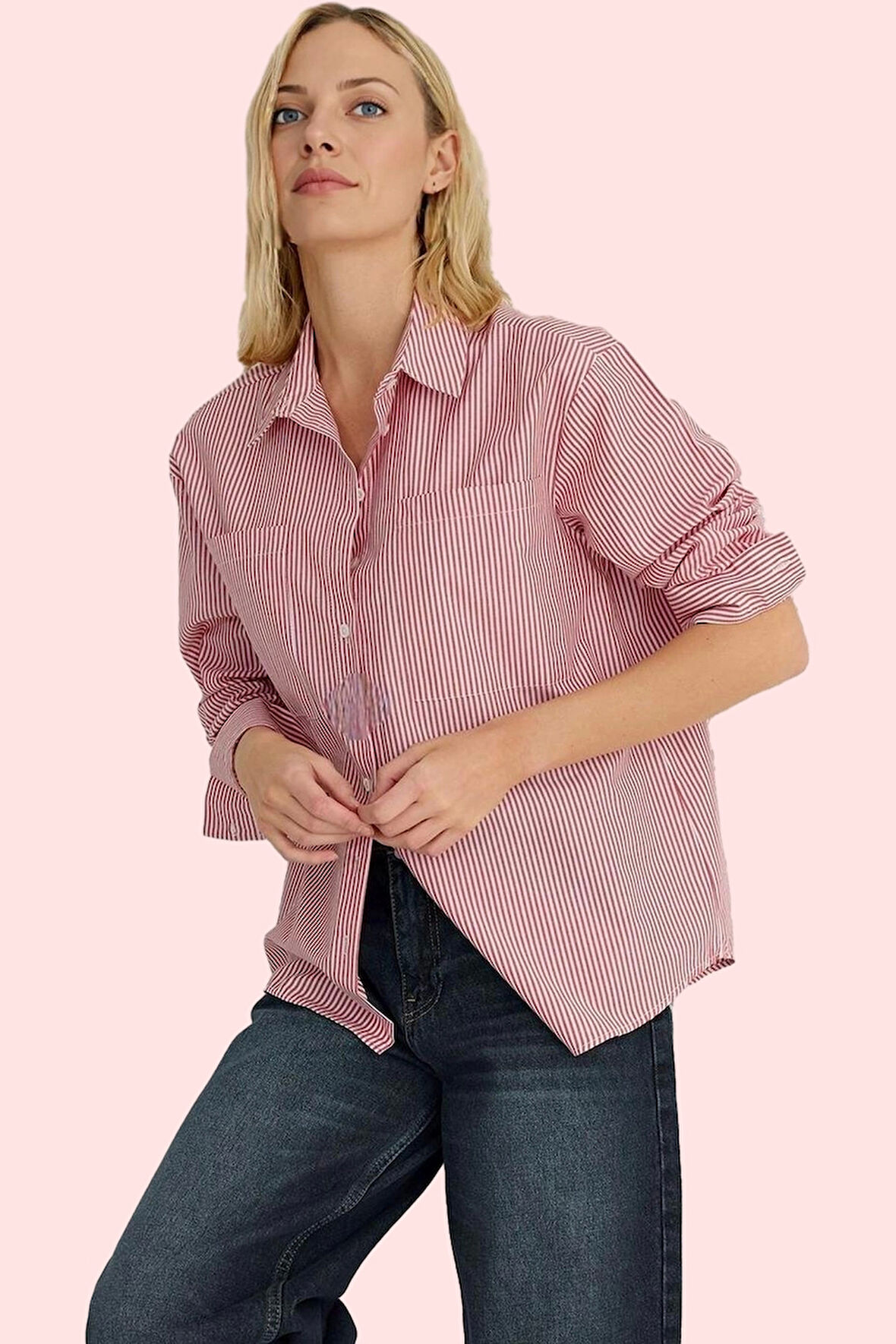 Kadın Çizgili Oversize Gömlek Basic Siluet Uzun Kollu Rahat Günlük Yaz Aylarının Vazgeçilmezi