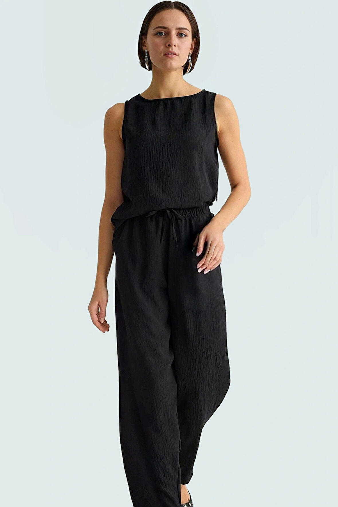 Kadın Yazlık Keten Görünümlü Bisiklet Yaka Bluz Pantolon Takım Yüksek Kalite Özenle Seçilmiş