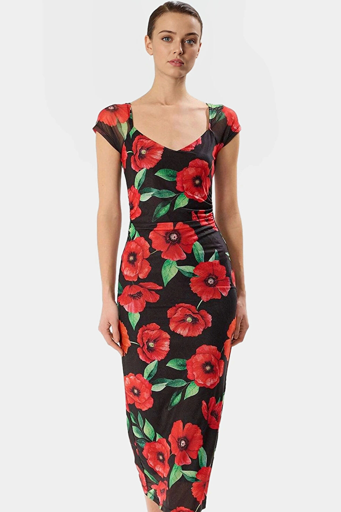 Kısa Kollu Midi Boy Bodycon Puantiyeli Polyester Elbise Yüksek Kalite Rahat Kullanım Ve Şık