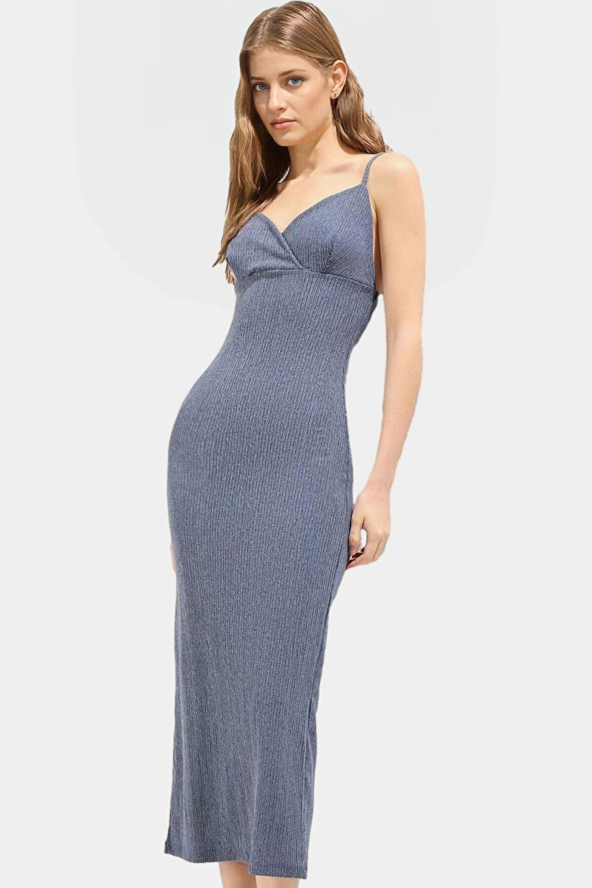 Kadın Midi Boy Örme Elbise V Yaka Bodycon Günlük Şık Konforlu Kesim Özenle Seçilmiş