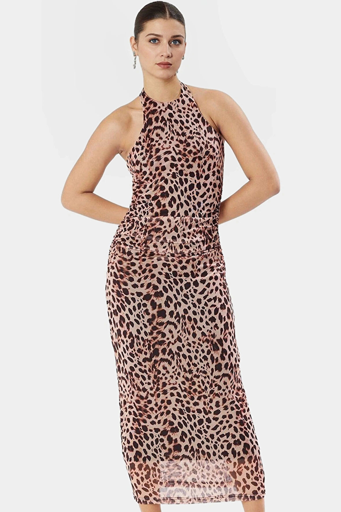 Maxi Leopar Desenli Bodycon Elbise 95% Polyester Astarlı Boyundan Bağlamalı Şık Görünüm