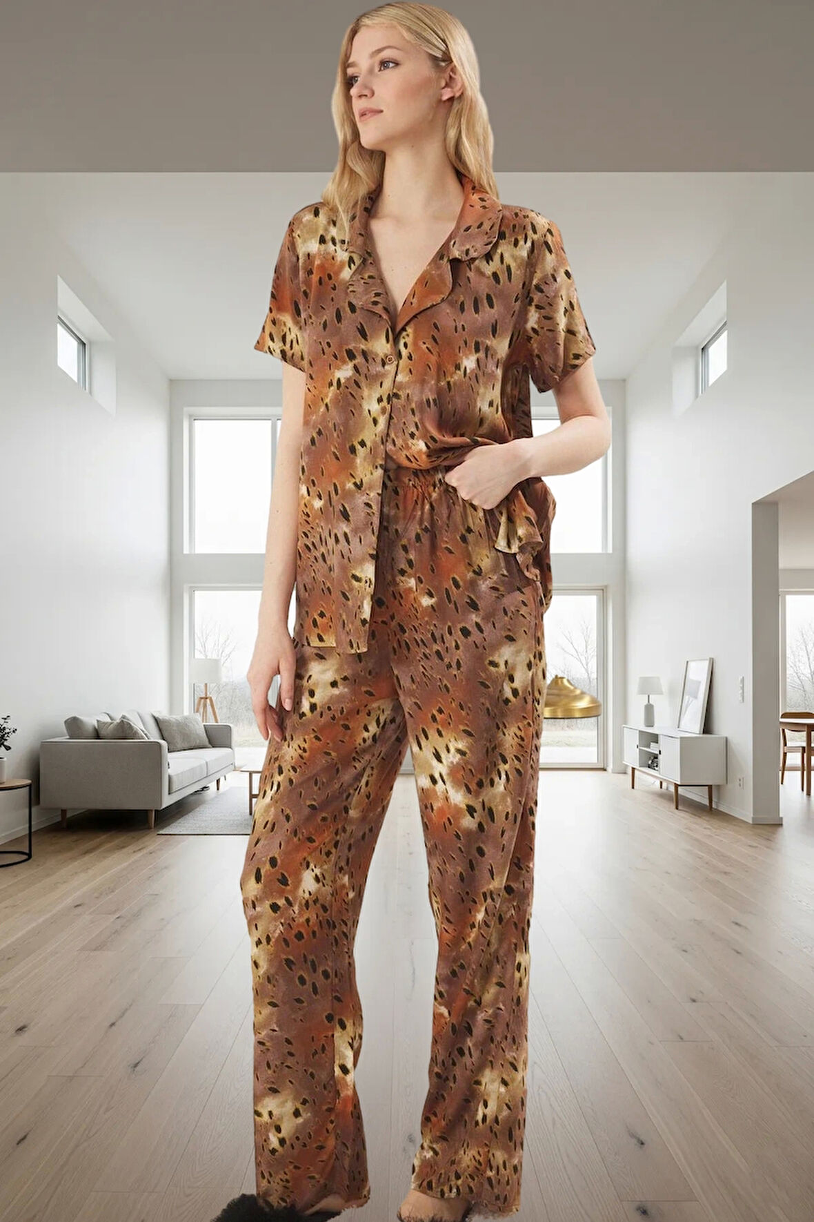 Kadın Şık Leopar Desenli Viskon Pijama Takımı Rahat Ev Giyim Seti Ve Trend Tasarım Yüksek Kalite