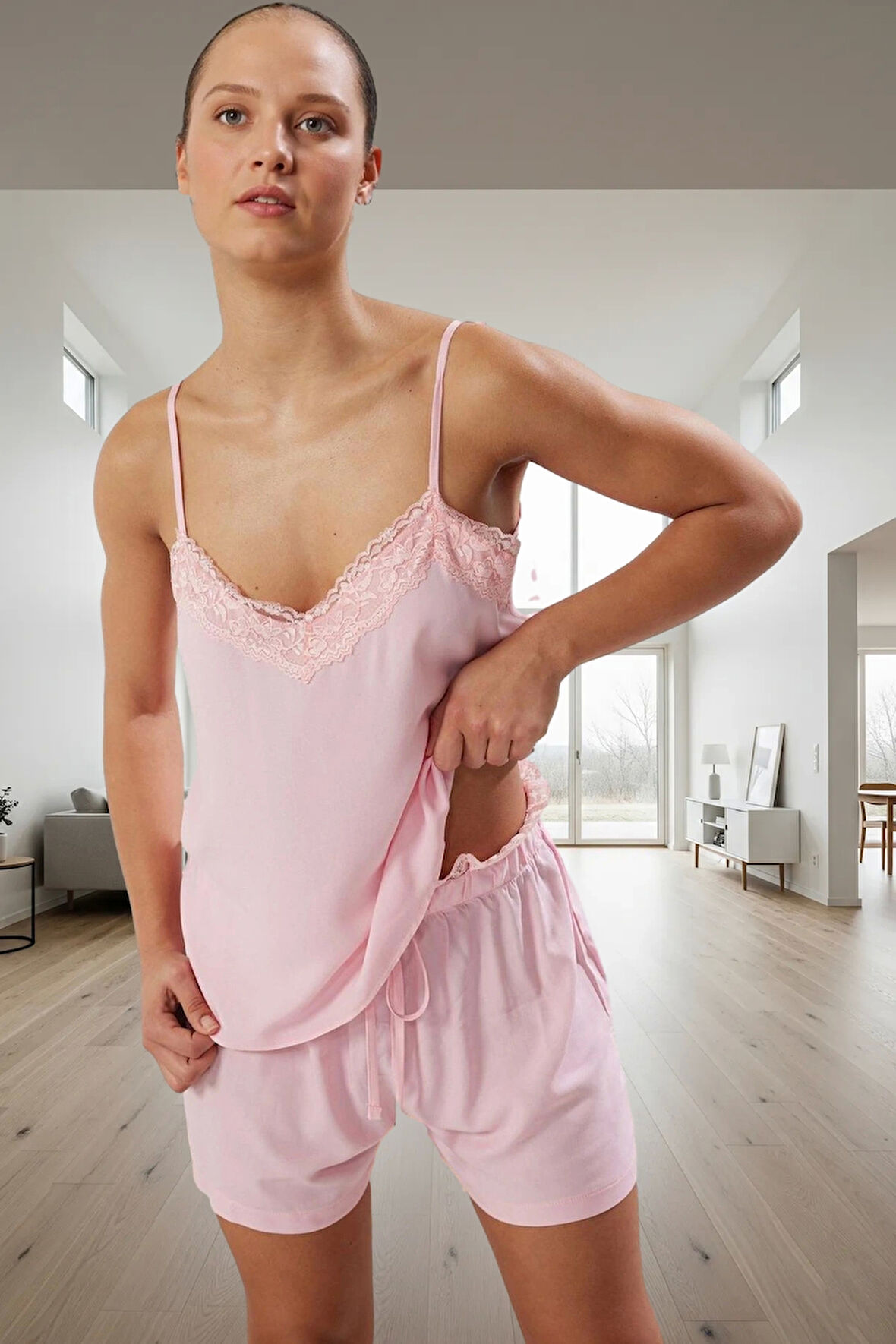 Kadın Viskon Pijama Takımı İnce Askılı Şortlu Dantel Detaylı Yazlık Konforlu Kesim Trend Tasarım