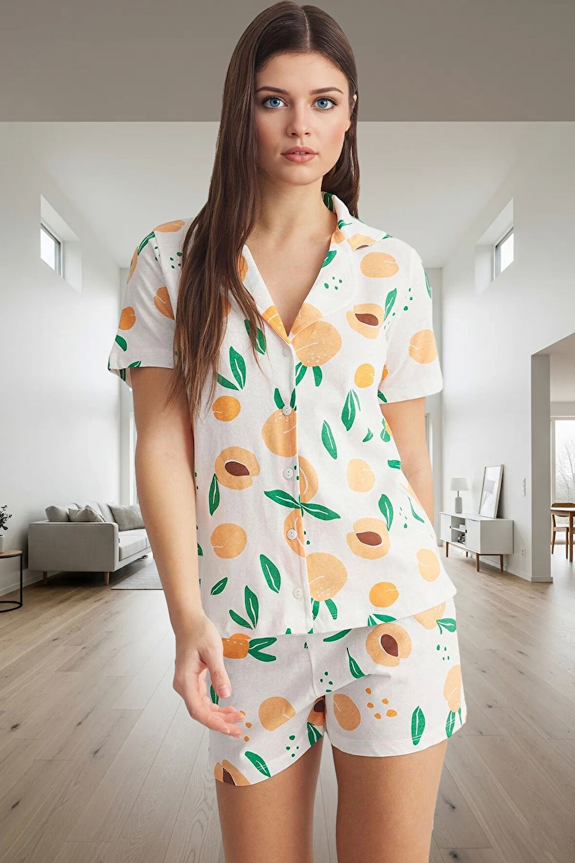 Kadın Yazlık Kısa Kollu Pamuklu Pijama Takımı Şortlu Regular Kalıp Trend Tasarım Modern Stil