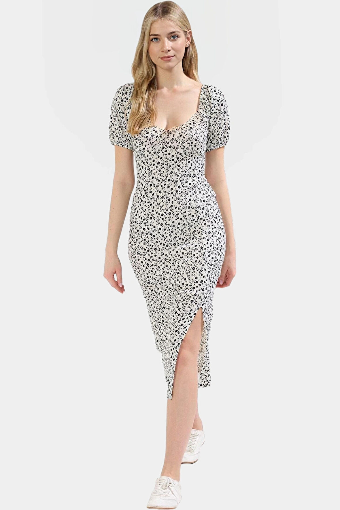 Midi Boy Örme Elbise Kare Yaka Balon Kol Bodycon Kalıp Profesyonel Görünüm Trend Tasarım