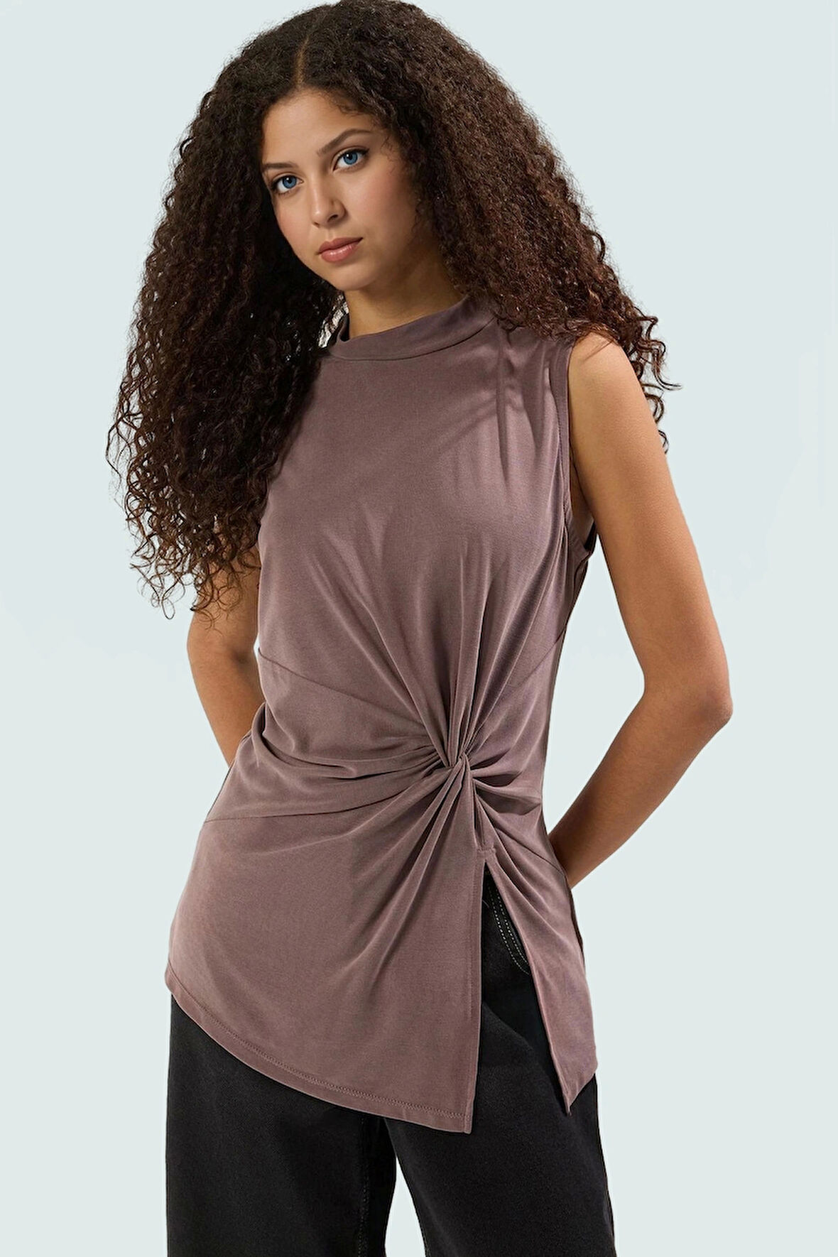 Kadın Asimetrik Kolsuz Örme Bluz Modal Polyester Günlük Şık Özenle Seçilmiş Kaliteli İşçilik