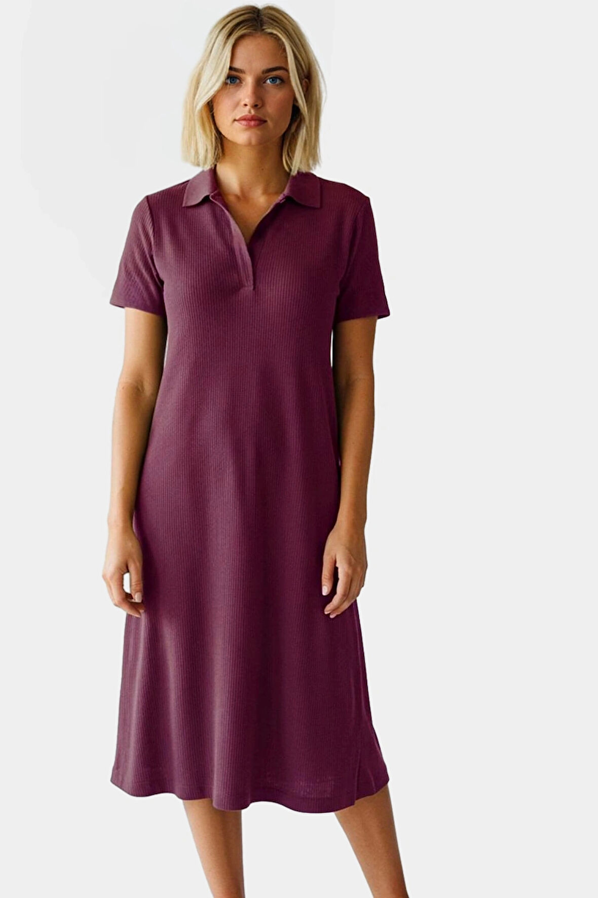 Kadın Örme Kısa Kollu Polo Yaka Midi Elbise Rahat Yazlık Günlük Stil Dayanıklı Malzeme