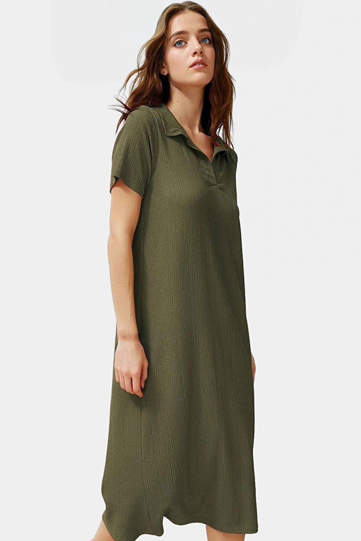 Kadın Örme Kısa Kollu Polo Yaka Midi Elbise Rahat Yazlık Günlük Stil Dayanıklı Malzeme