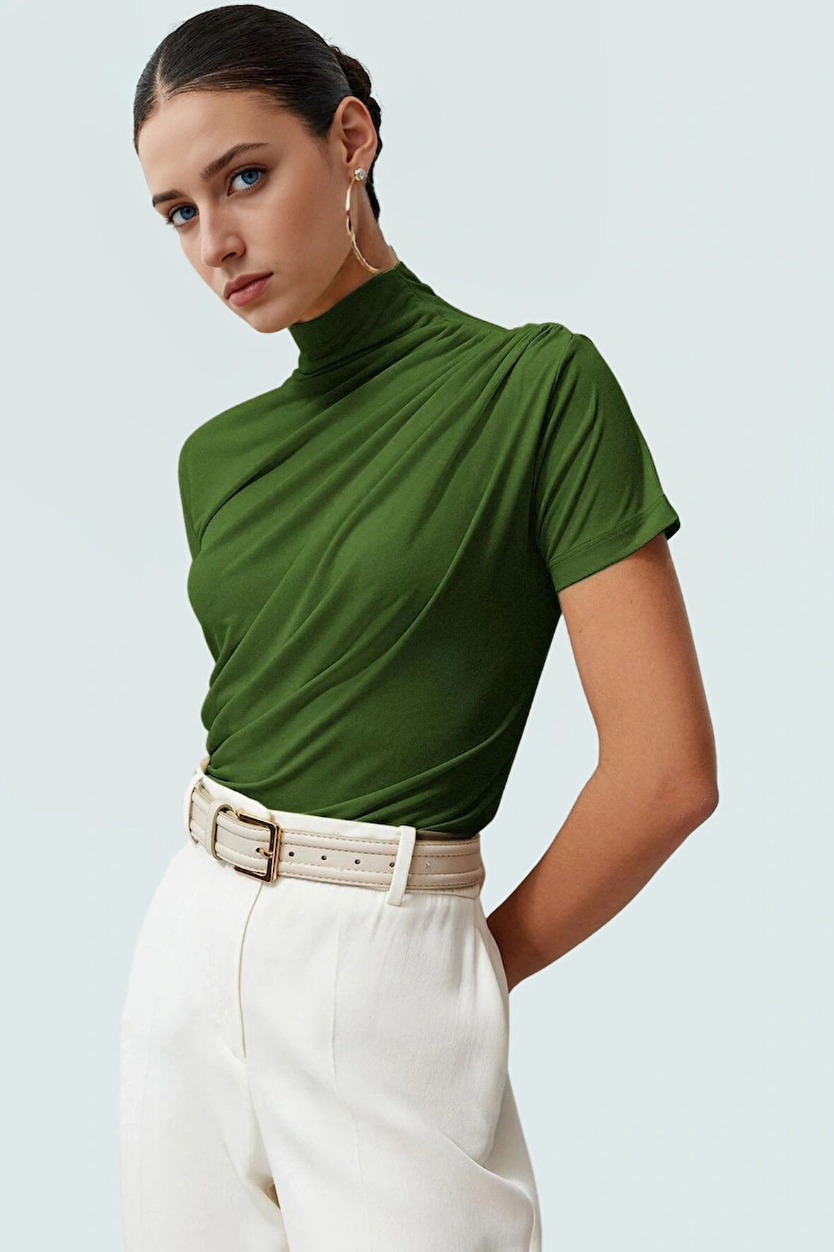 Fitted Dik Yaka Kısa Kollu Esnek Örme Bluz Yazlık Günlük Seçkin Malzeme Uzun Ömürlü