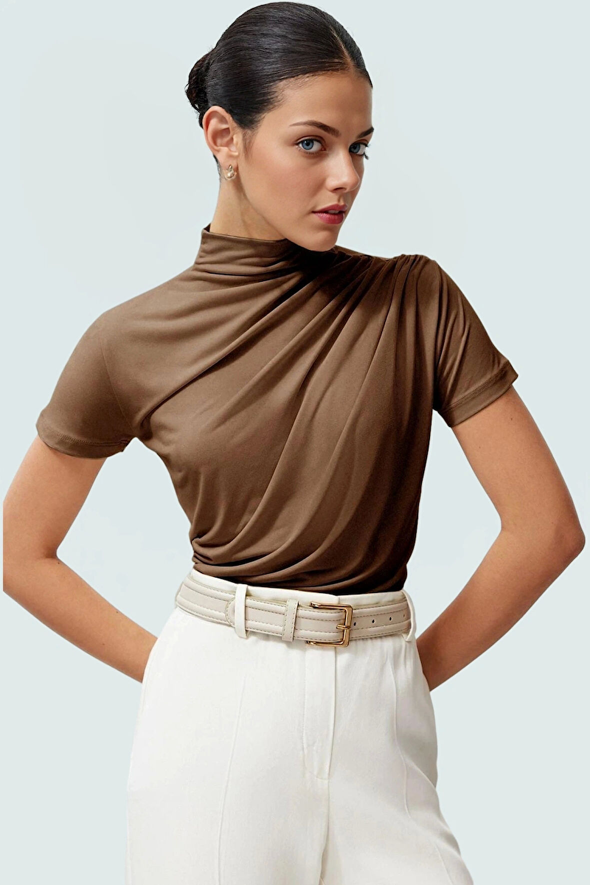 Fitted Dik Yaka Kısa Kollu Esnek Örme Bluz Yazlık Günlük Seçkin Malzeme Uzun Ömürlü